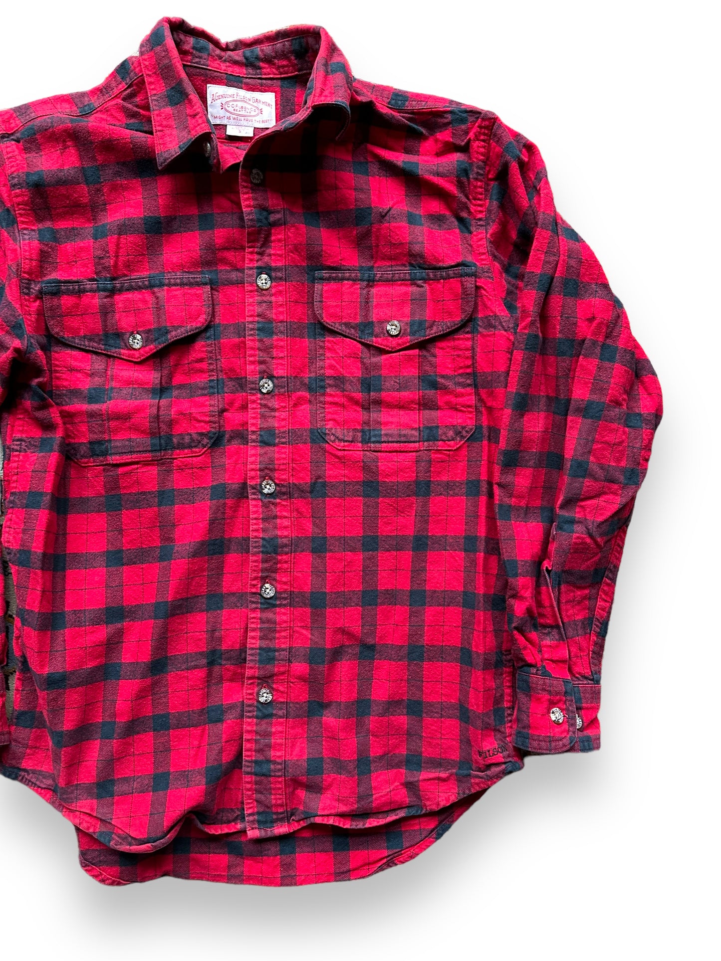 front left of Filson Black and Red Guide Shirt |  Barn Owl Vintage Goods | Vintage Filson Workwear Seattle