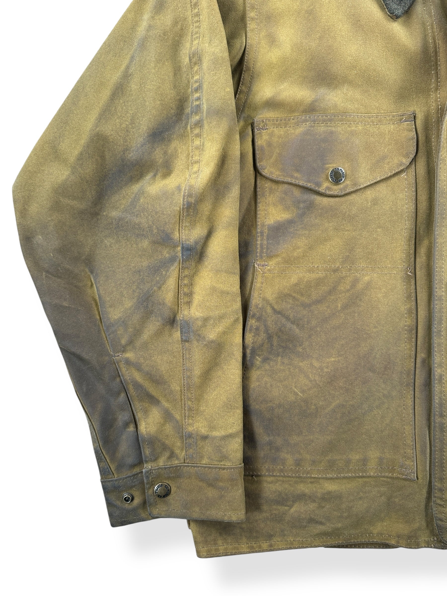 Front Right of Modern Filson Dark Tan Tin Cloth Jacket SZ S