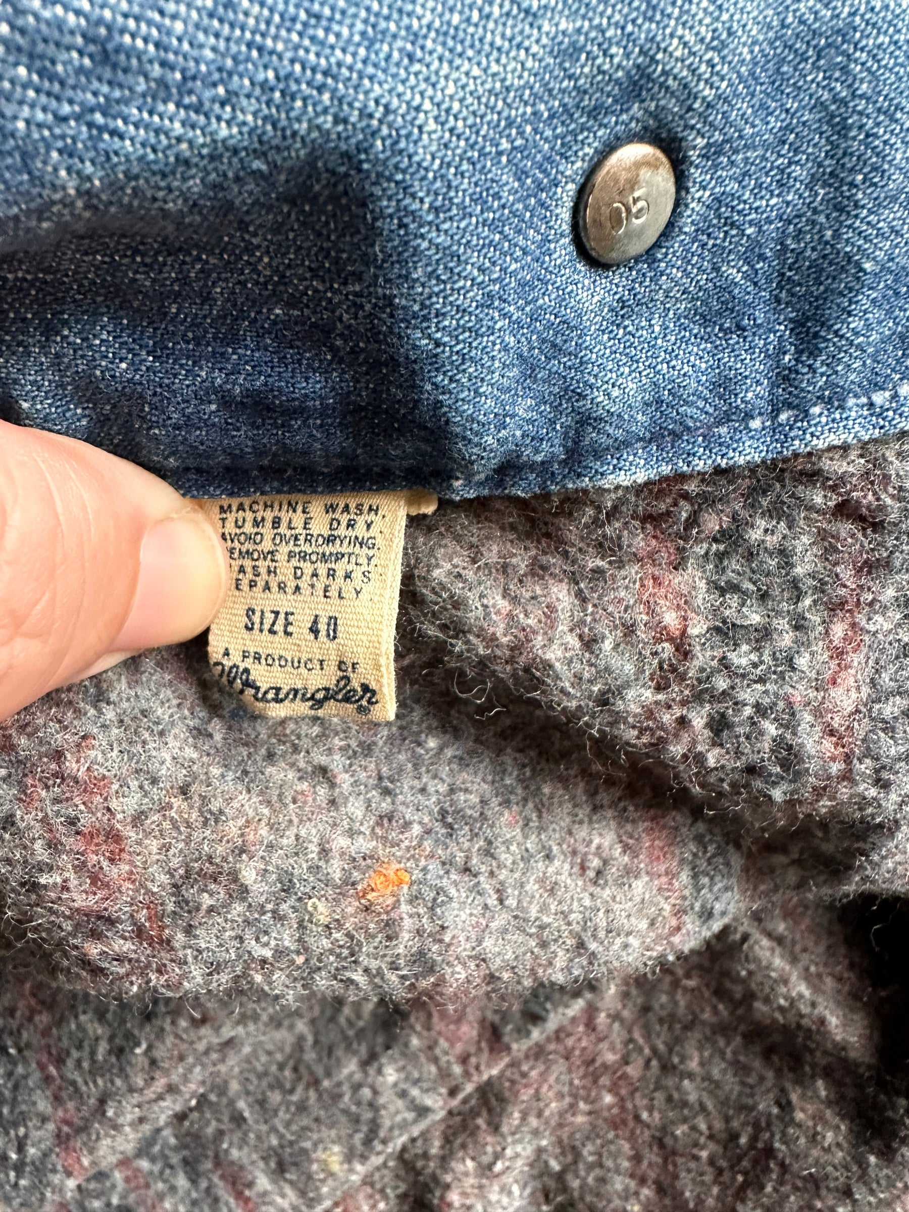 Tag View of Vintage Wrangler Blue Bell Blanket Lined Denim Chore Coat SZ 40 | Vintage Denim Chore Coat | Barn Owl Vintage Seattle