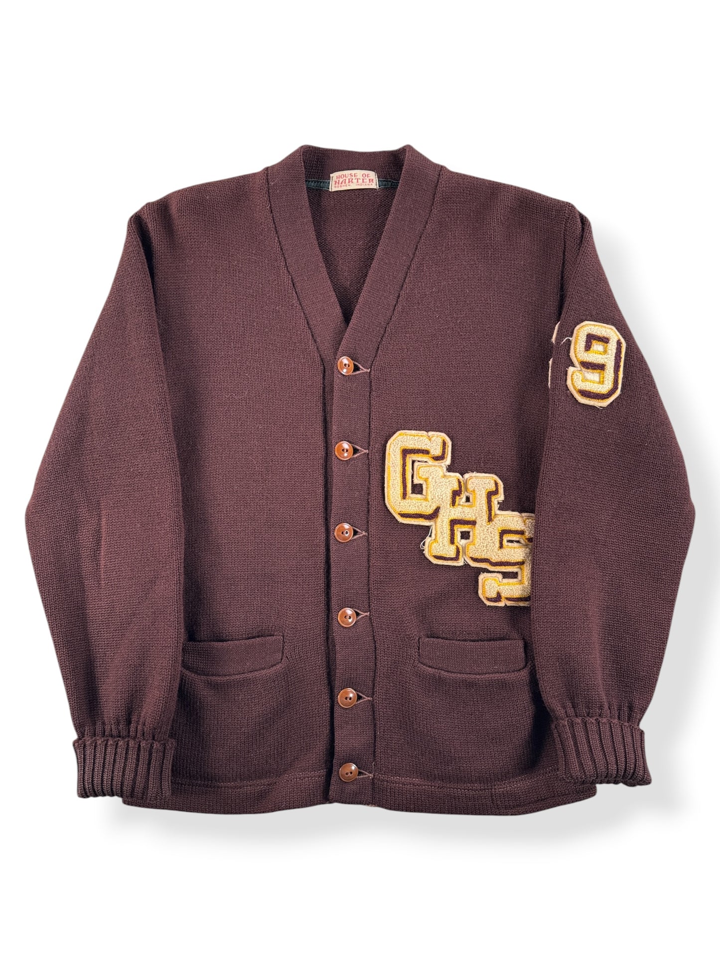Front of Vintage Brown Letterman GHS Cardigan SZ XS - AS IS