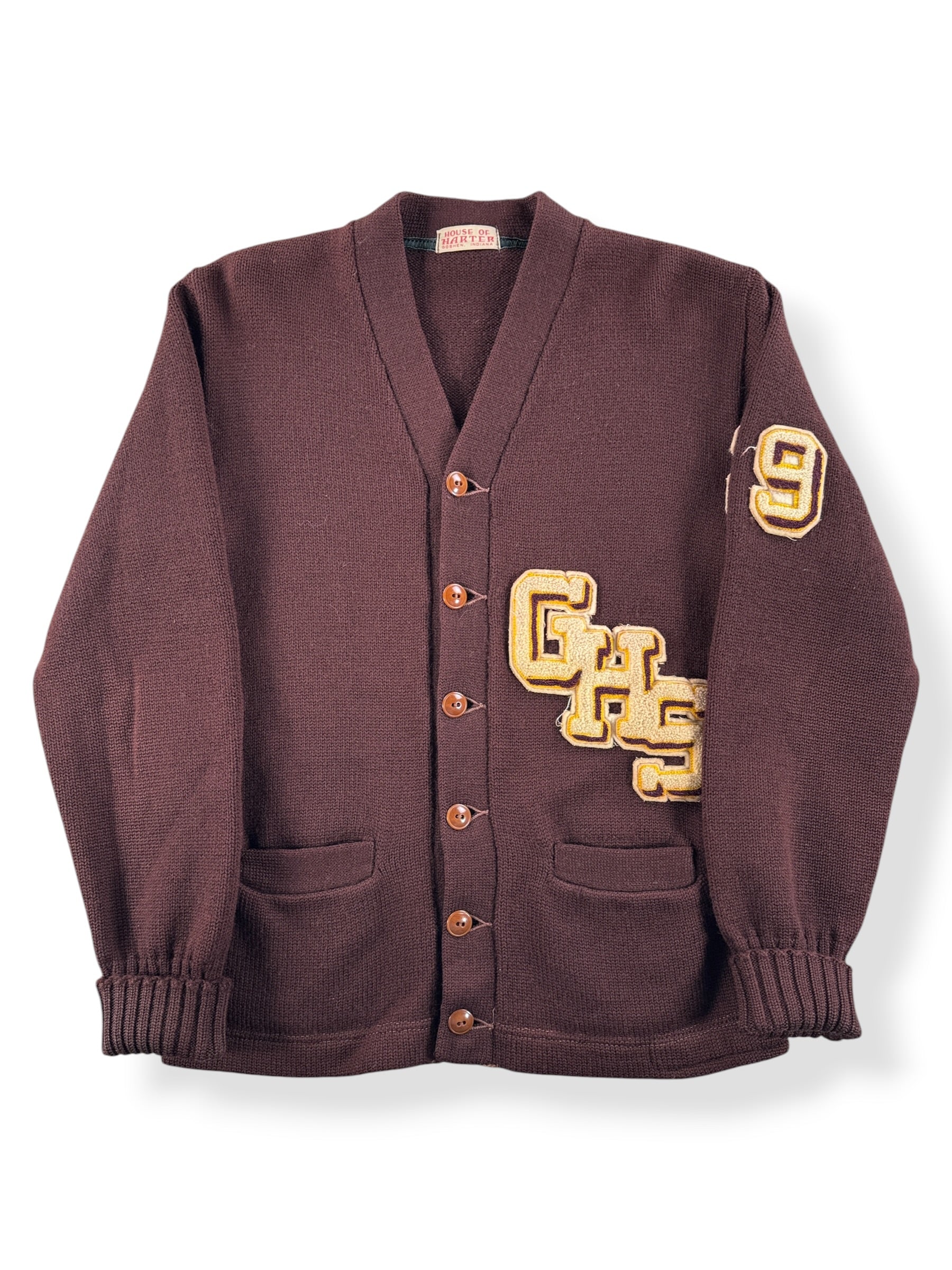 Front of Vintage Brown Letterman GHS Cardigan SZ XS - AS IS