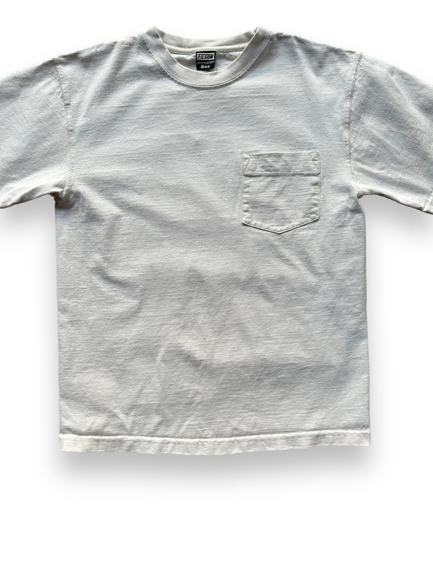 Front Detail on White Filson Loopwheel Heavyweight Cotton Pocket Tee SZ M |  Barn Owl Vintage Goods | Vintage Filson Workwear Seattle