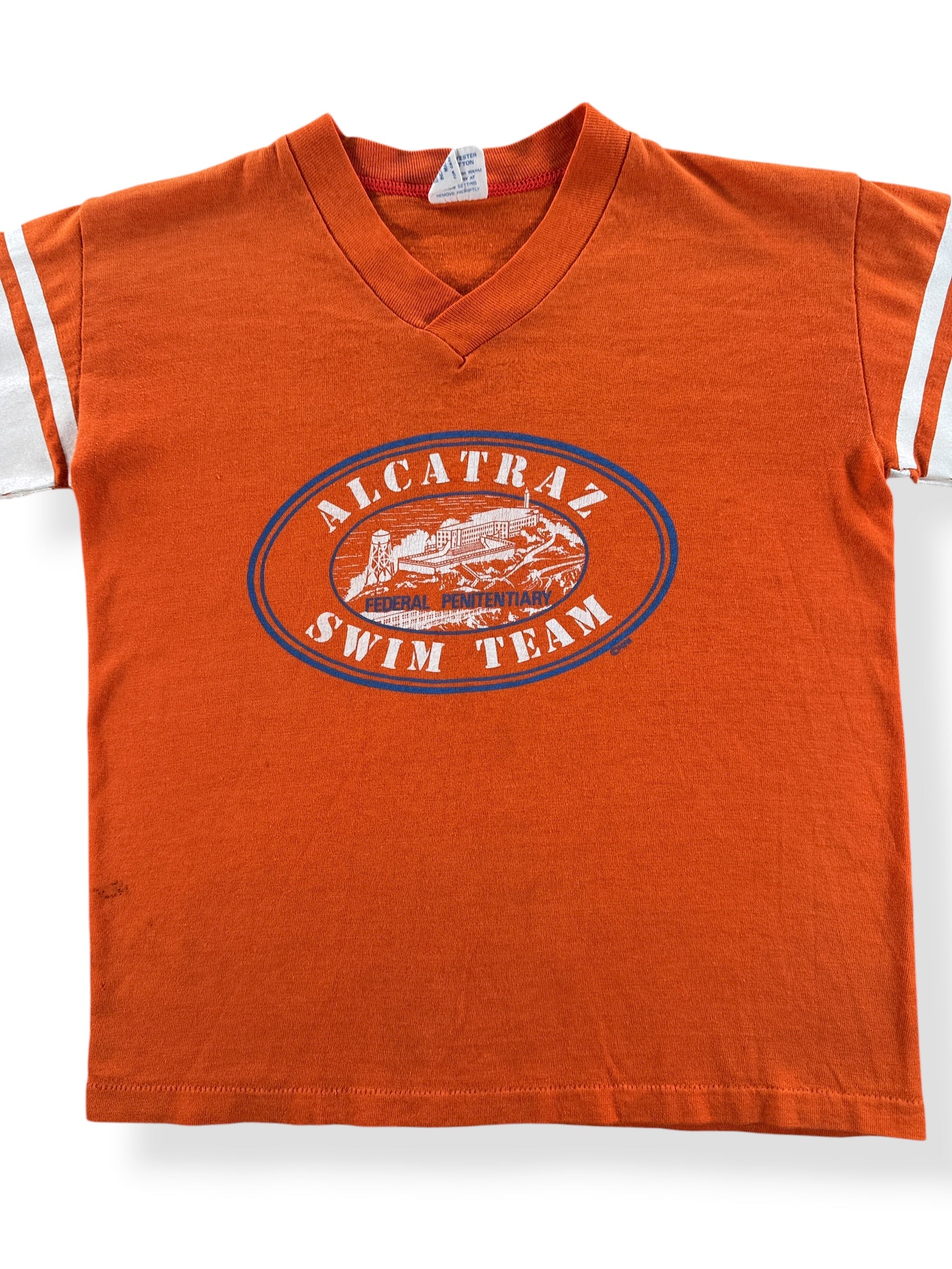 Front Close Up of Vintage Kids Alcatraz Swim Team Tee SZ Boys M (Fits XXS)