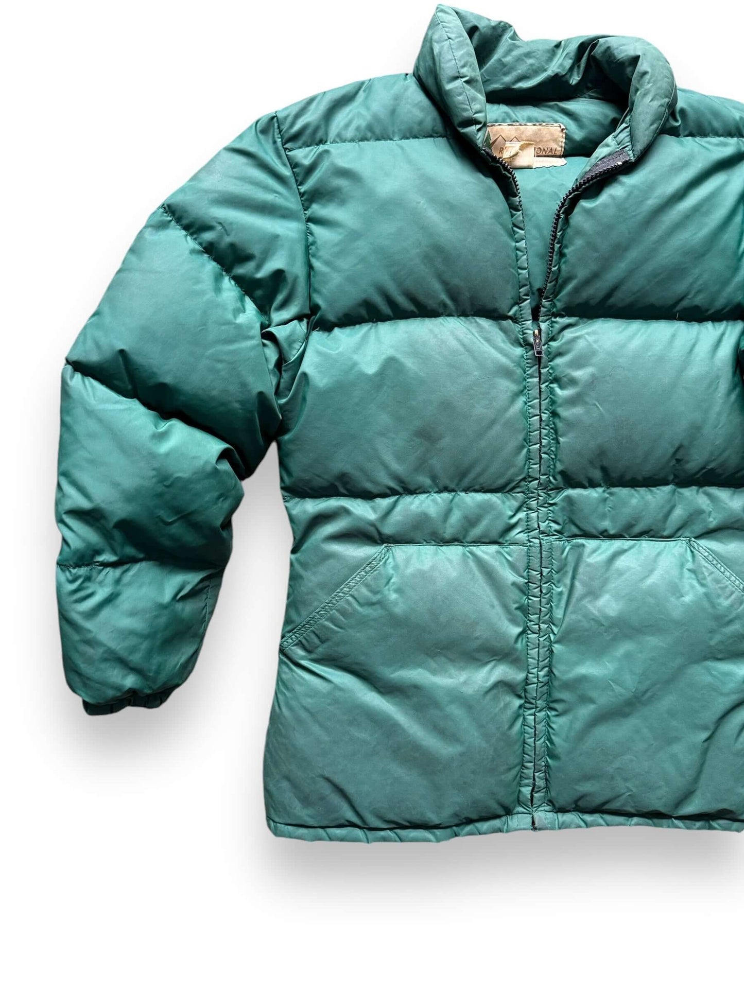 Front Right View of Vintage Ladies Green REI Puffer Jacket SZ M