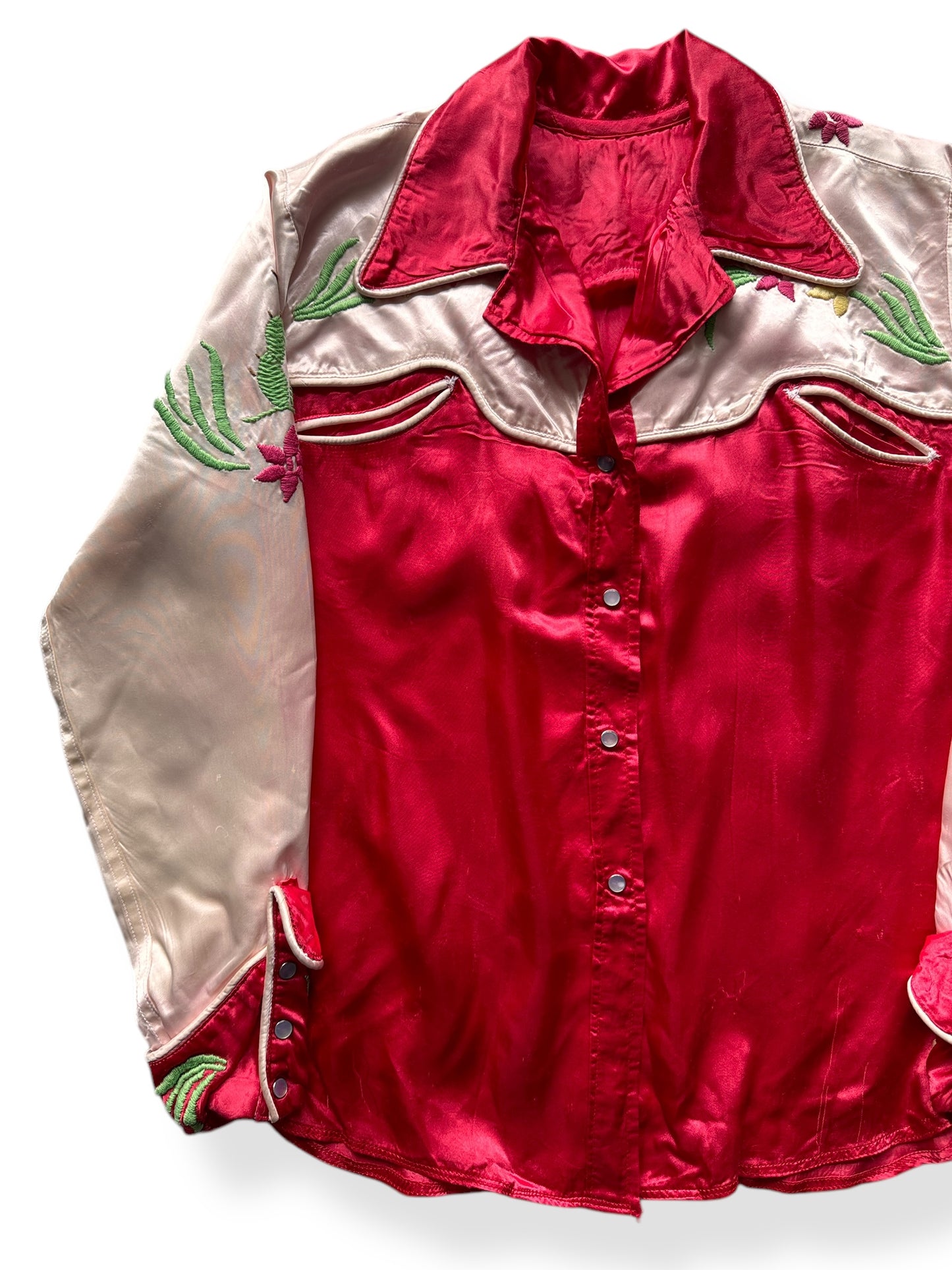 Front Right of Vintage Homemade Red Silk Souvenir Pearlsnap SZ M