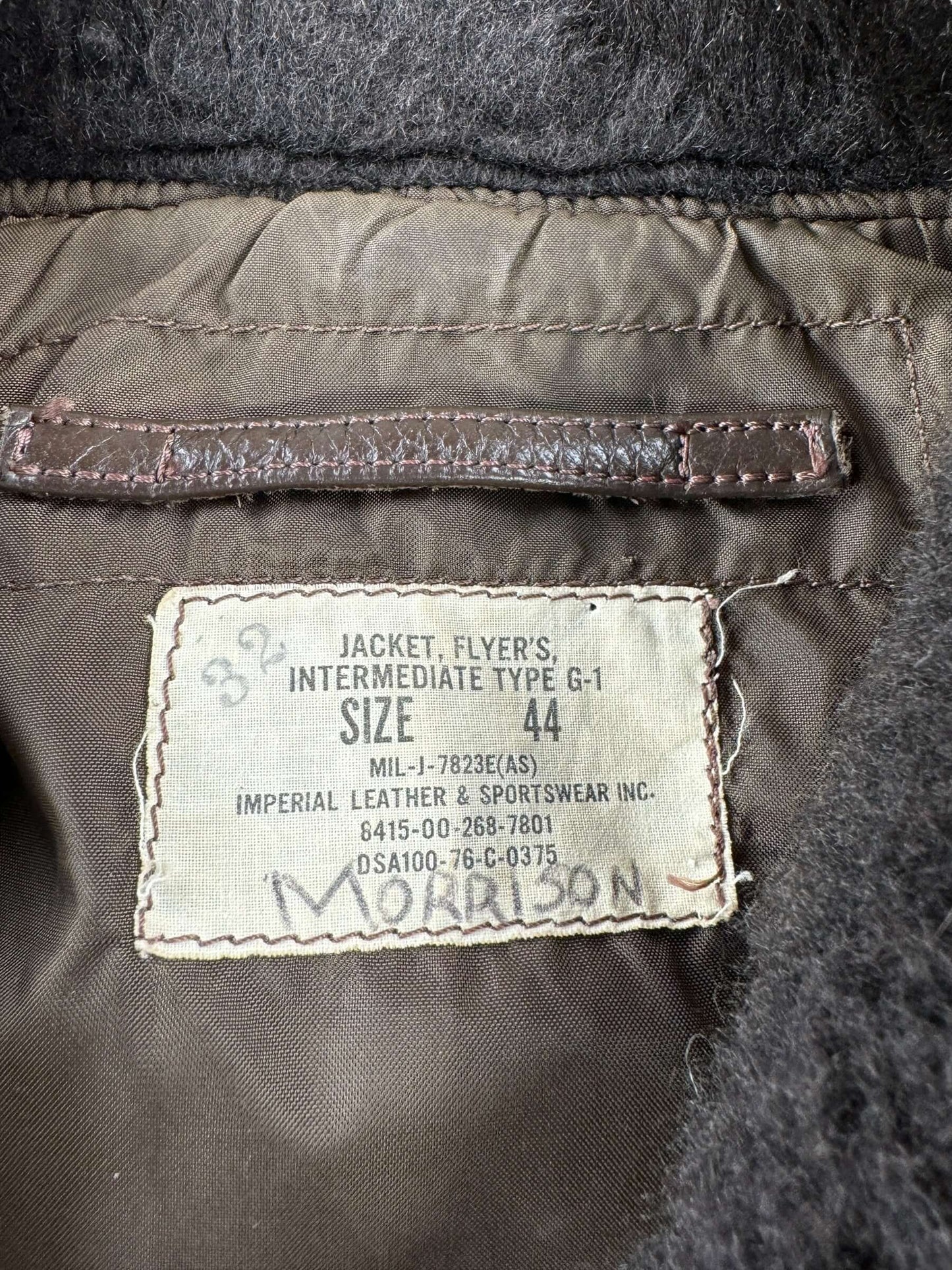 Label on Vintage 1976 USN G-1 Leather Jacket SZ 44