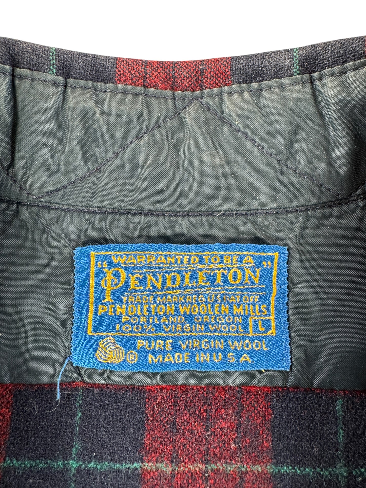 Label on Vintage Red & Navy Pendleton Flannel W/ Elbow Patches SZ L