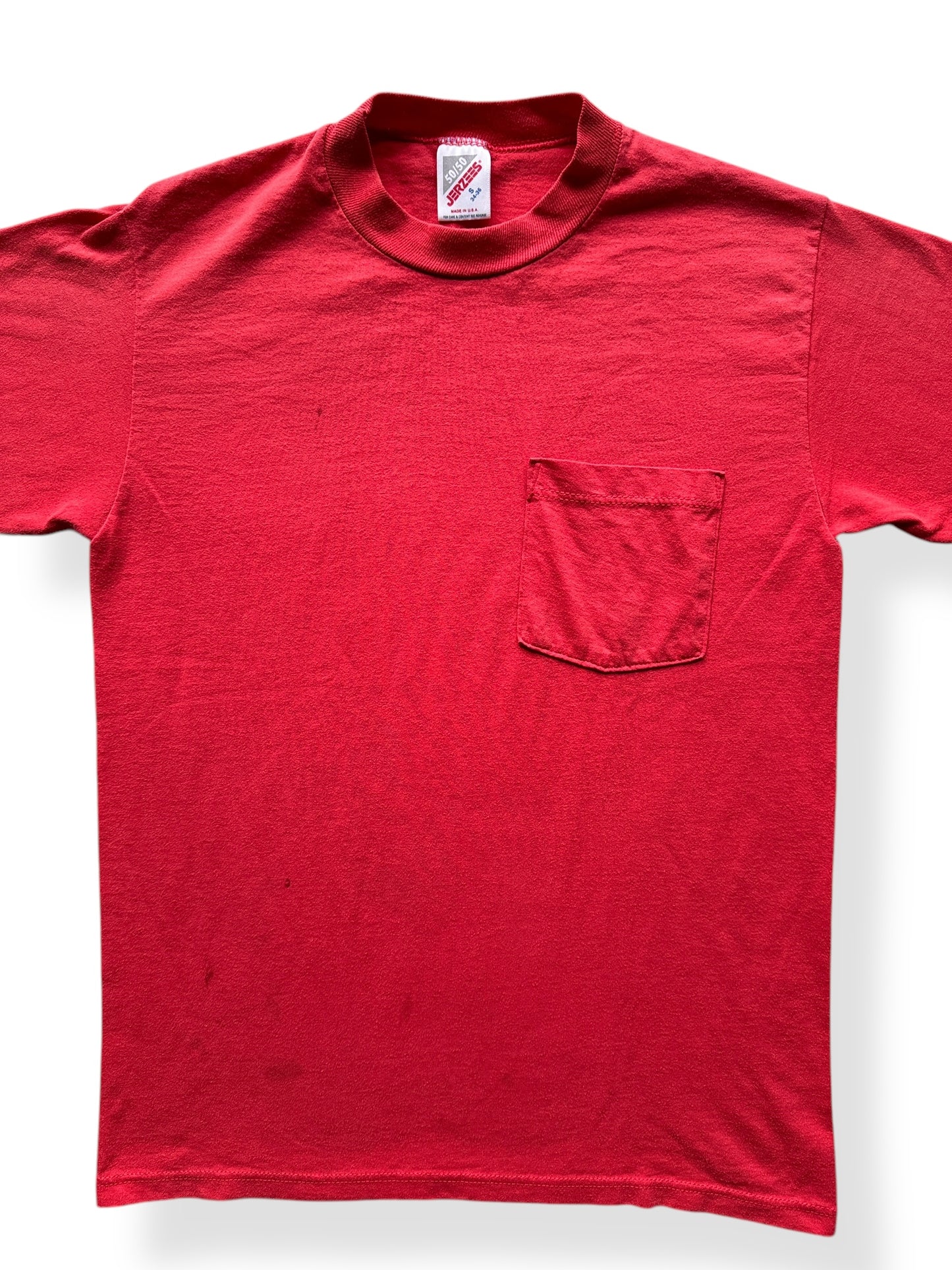 Front Close Up of Vintage Jerzees Red Pocket Tee SZ S