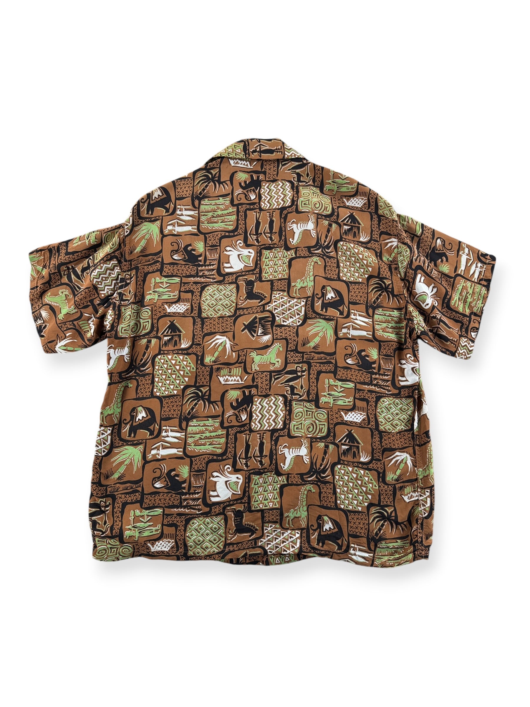 Back of Vintage Brown Rayon Patterned Aloha Shirt SZ S - AS IS
