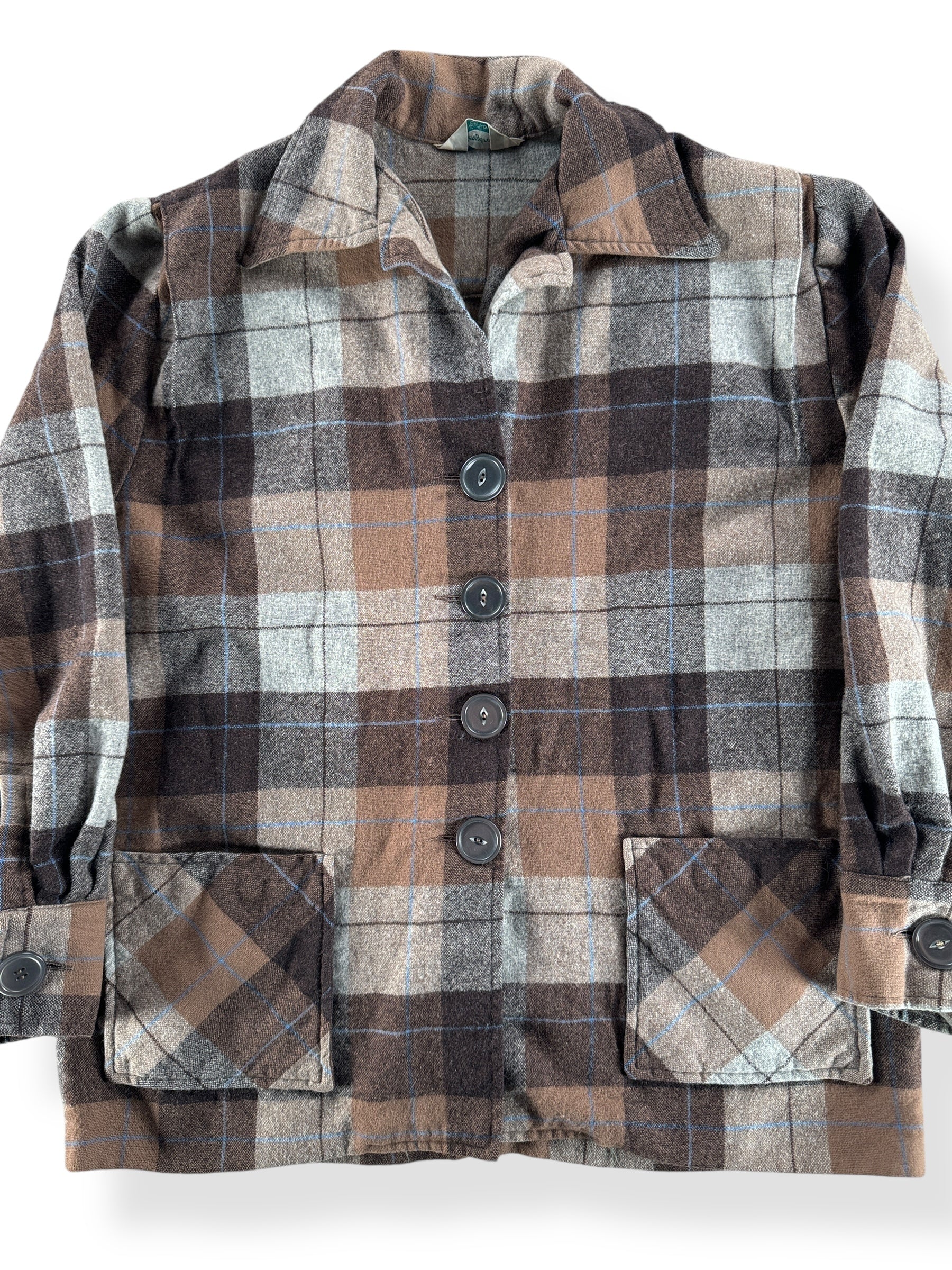 Front Close Up of Vintage Sears Kerrybrook Brown Blue 49er Style Jacket SZ M