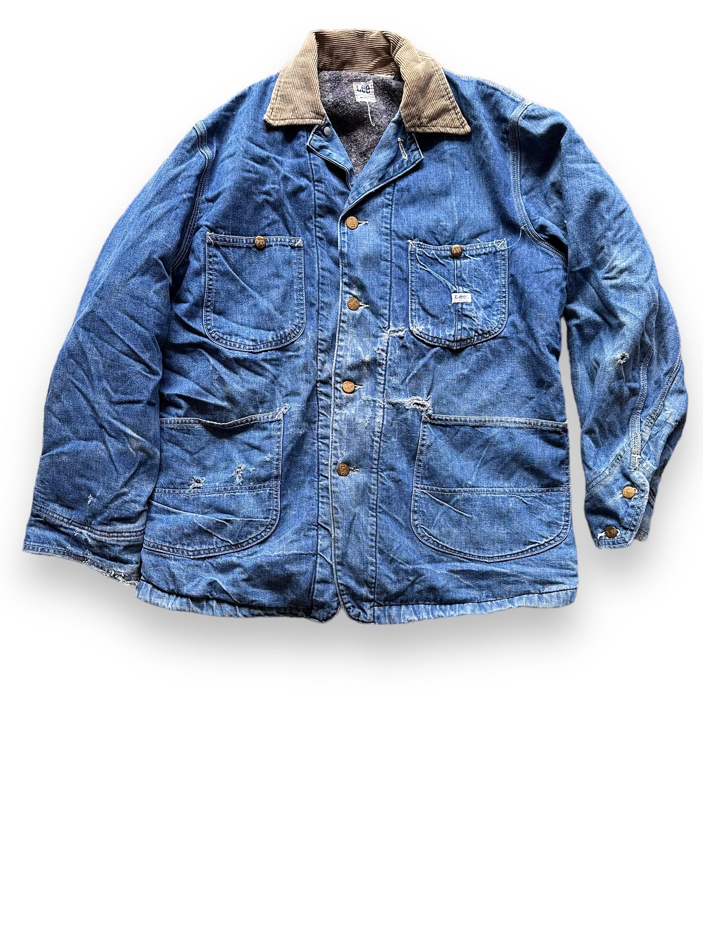 Front View of Vintage Blanket Lined Lee Denim Chore Jacket SZ XL| Vintage Denim Workwear | Seattle Vintage Workwear