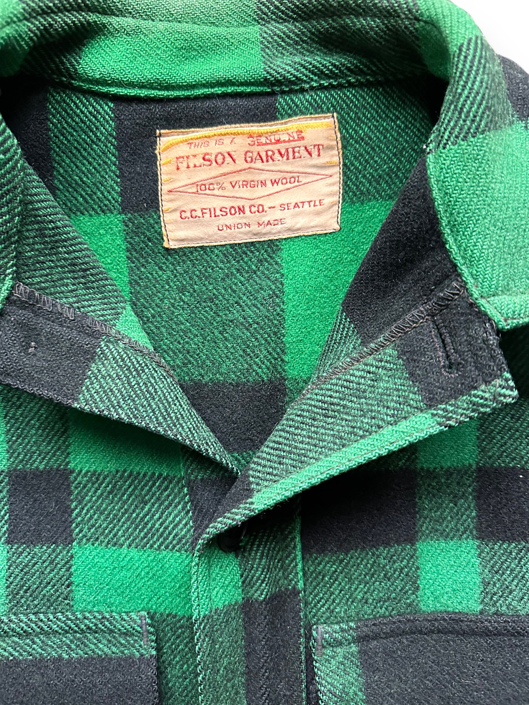 Tag View of Vintage Union Made Filson Green & Black Mackinaw Coat SZ 44 |  Vintage Filson Workwear Seattle | Vintage Clothing Seattle