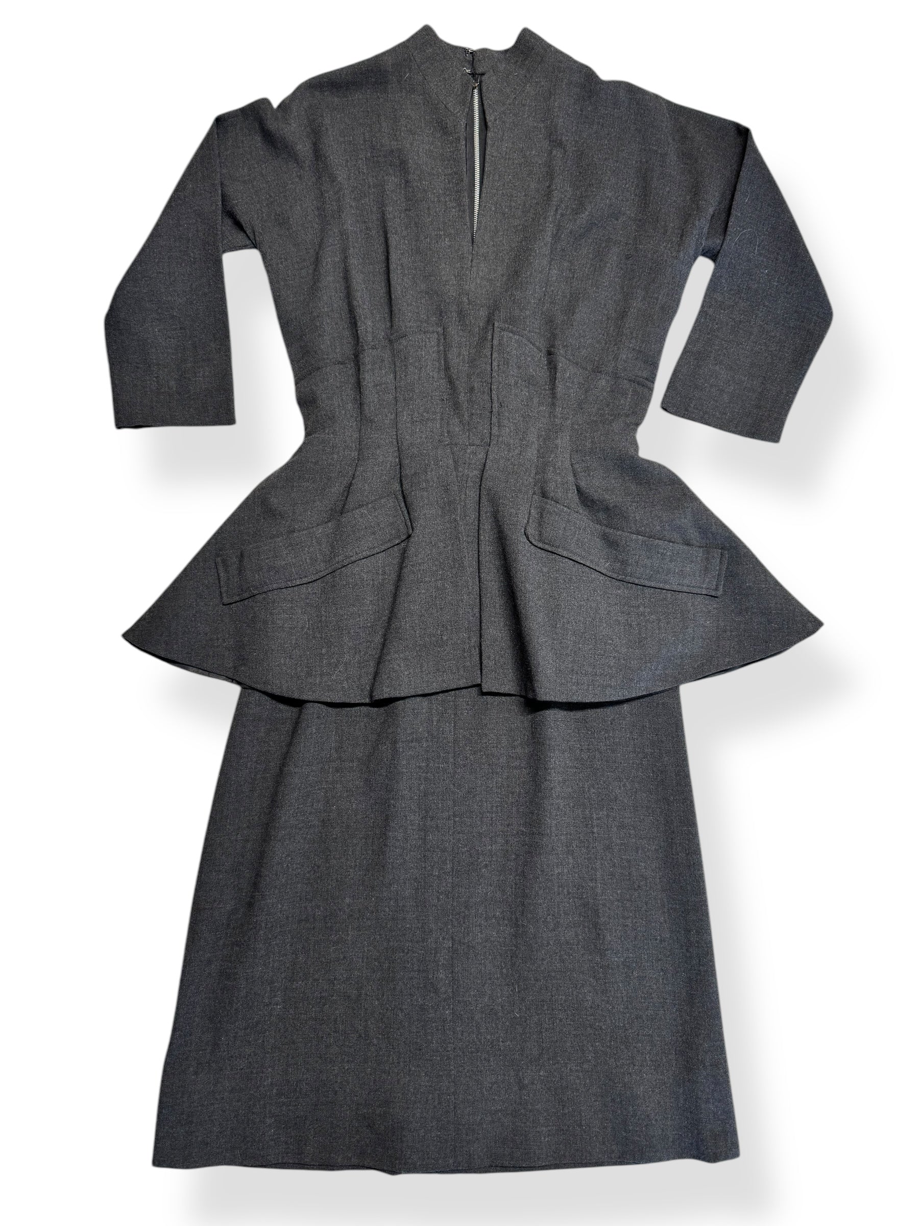 Front view of 1940s Handmade Wool Peplum Dress S-M