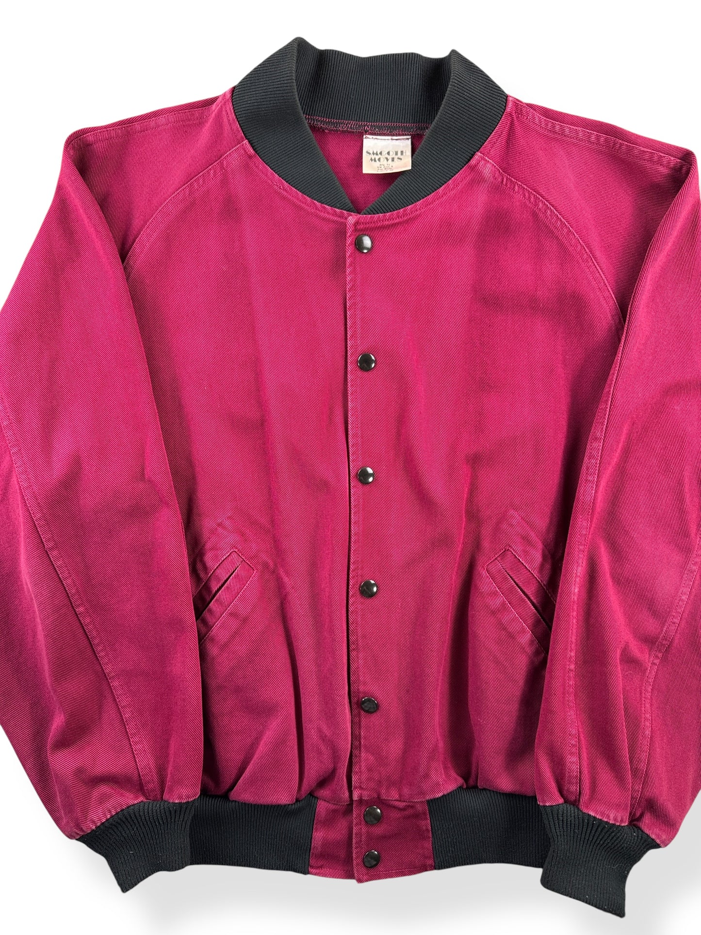 Front Close Up of Vintage "Smooth Moves" Burgundy Bomber Jacket SZ M