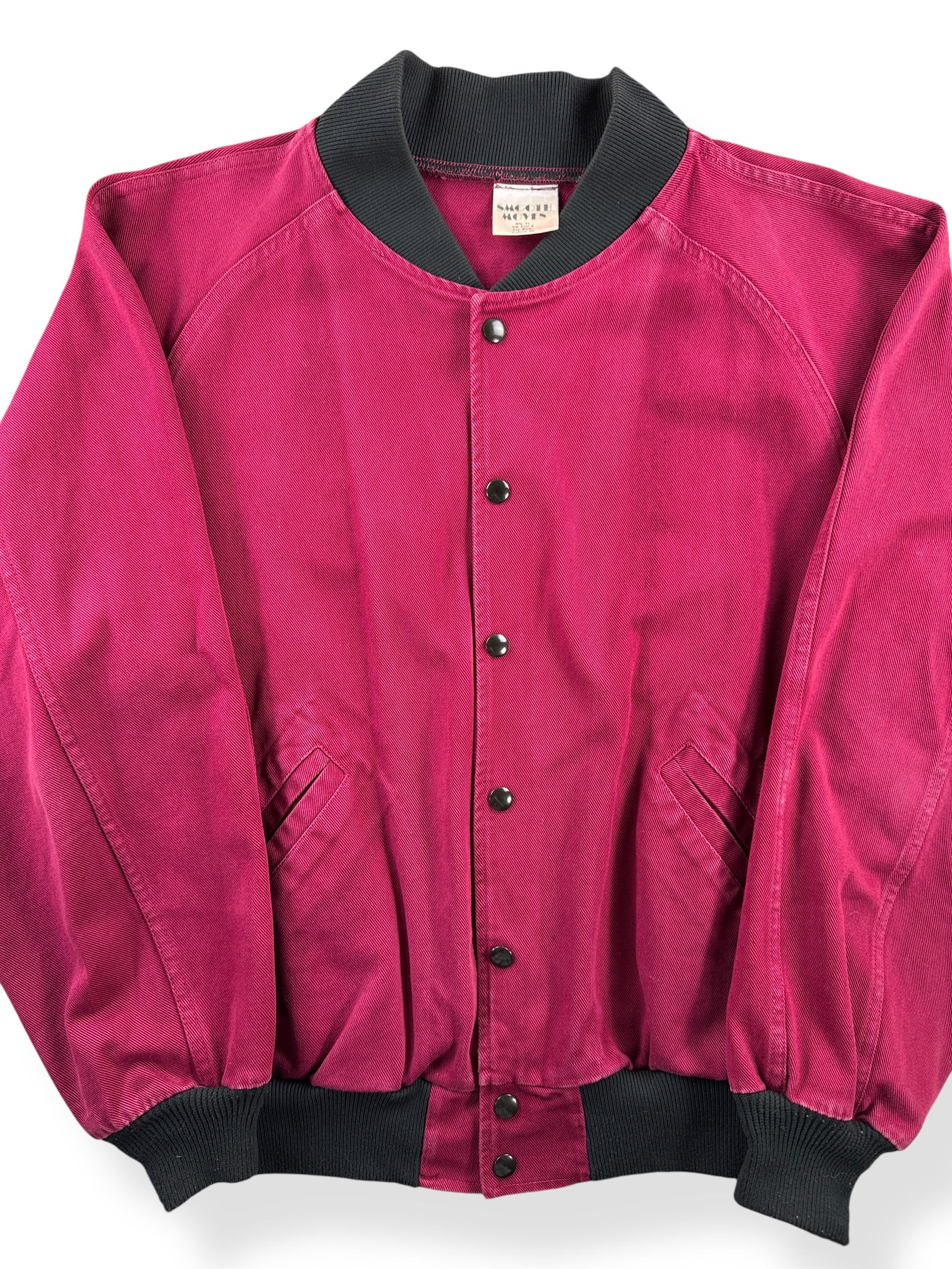 Front Close Up of Vintage "Smooth Moves" Burgundy Bomber Jacket SZ M