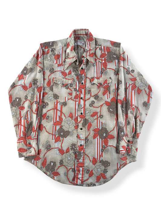 Front of Vintage Wrangler Psychedelic Rose Print Pearlsnap SZ 17-34