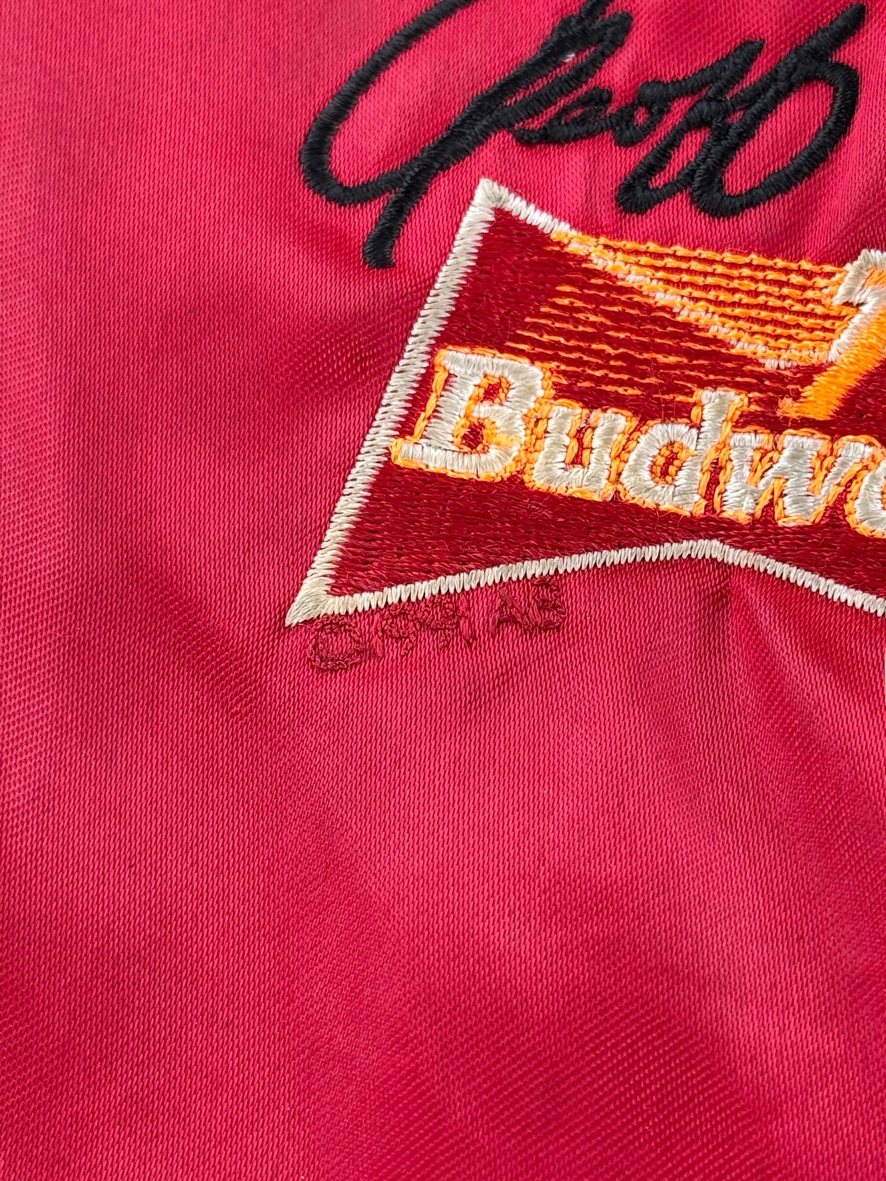 1991 copyright on Vintage Geoff Bodine Team Budweiser Nylon Jacket SZ S - AS IS