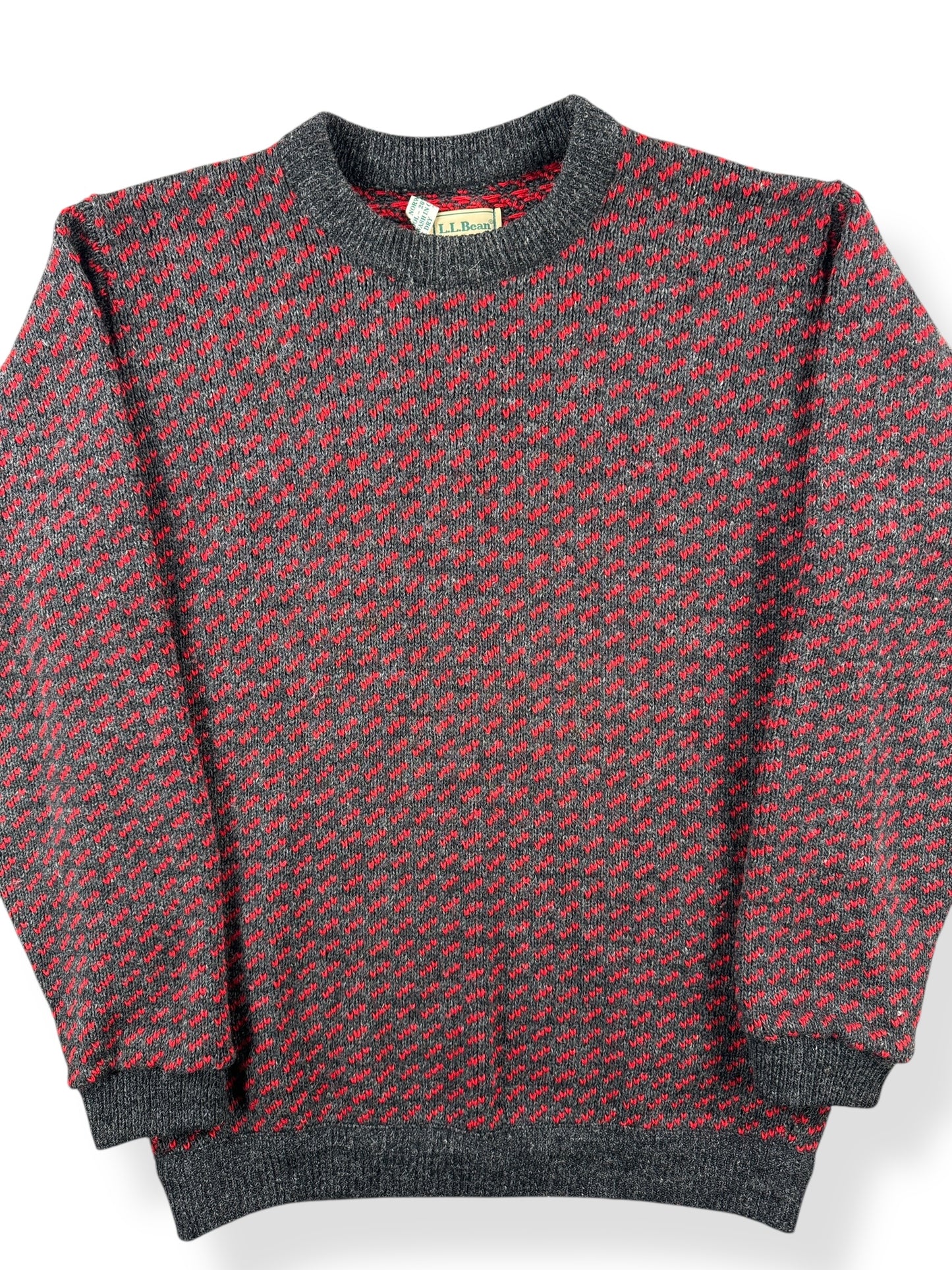 Front Close Up of Vintage Men's LL Bean Birdseye Sweater Red & Grey SZ L
