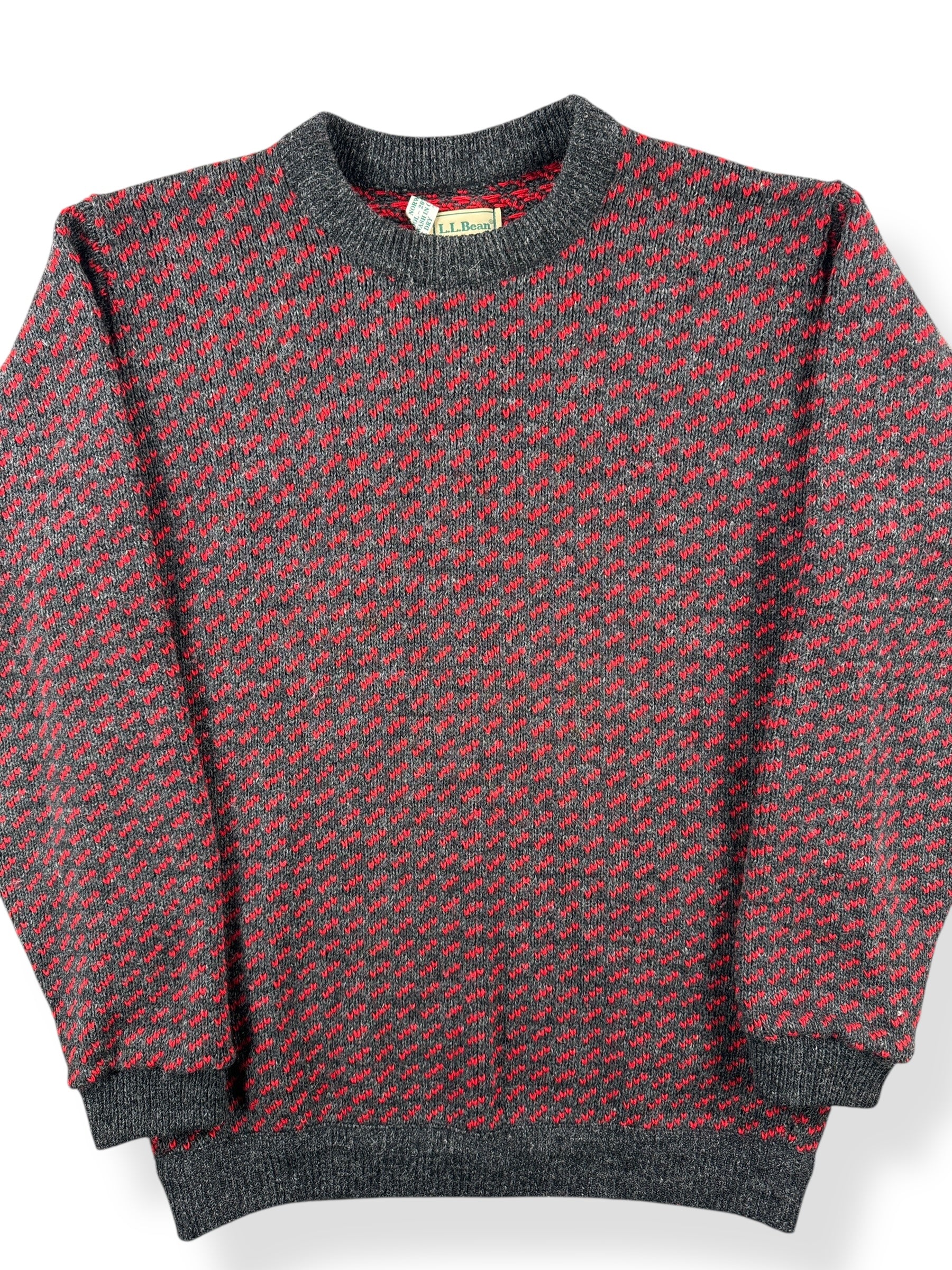 Front Close Up of Vintage Men's LL Bean Birdseye Sweater Red & Grey SZ L