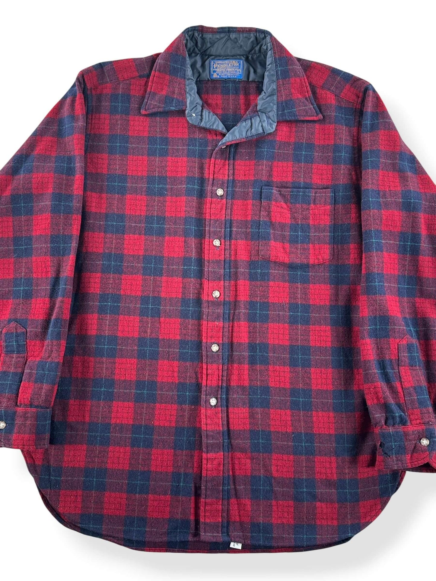Front Close Up of Vintage Red & Navy Pendleton Flannel SZ L