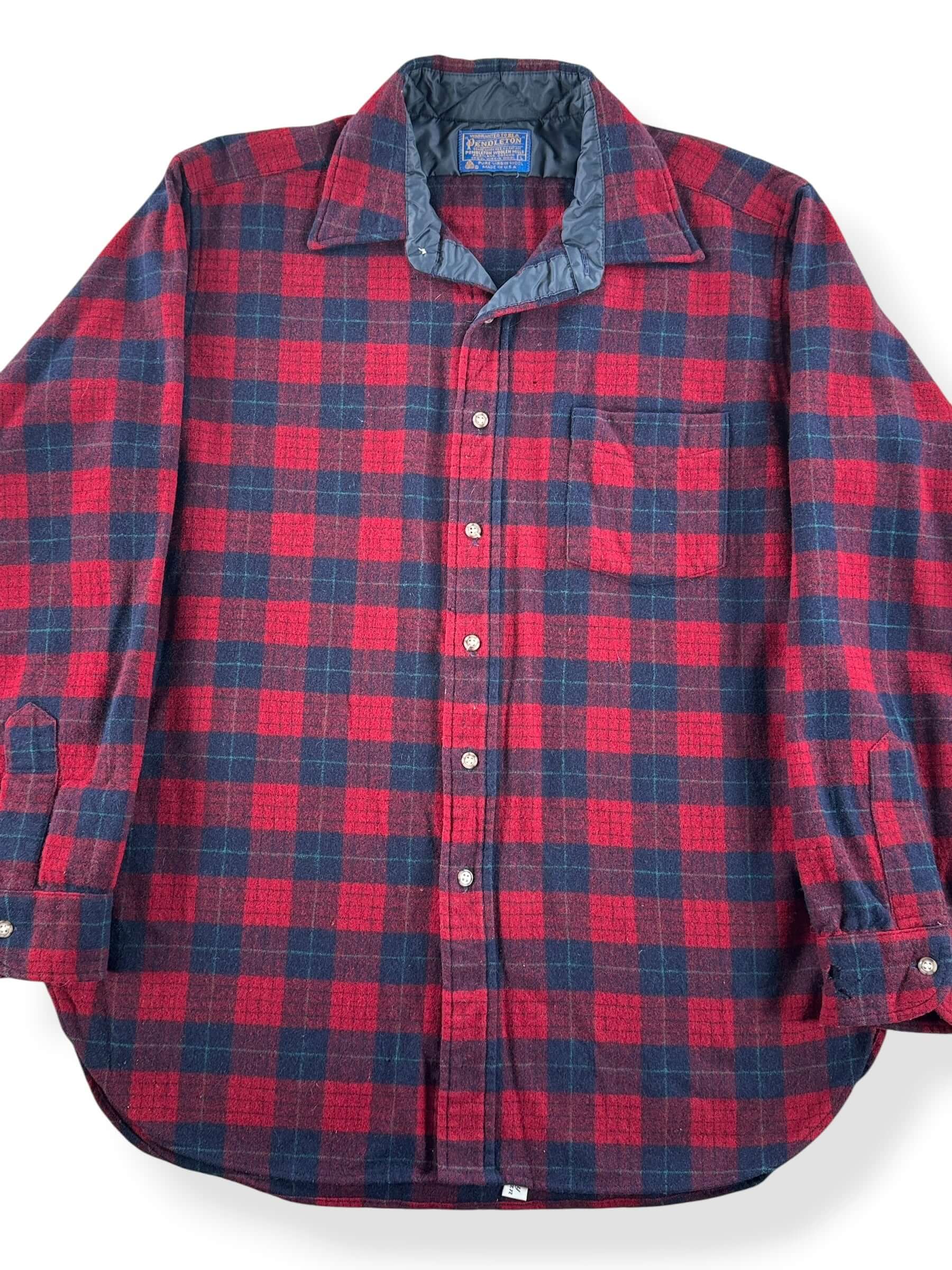 Front Close Up of Vintage Red & Navy Pendleton Flannel SZ L