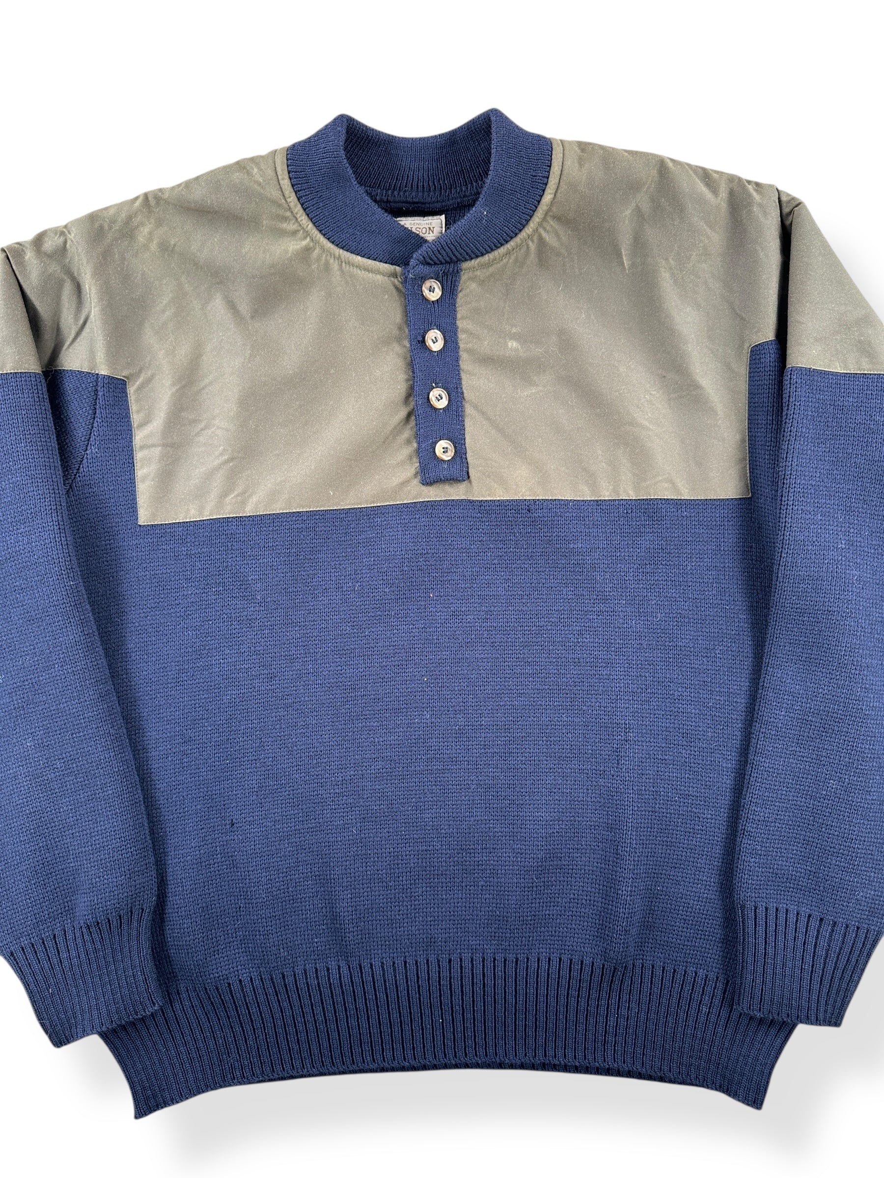 Front Close Up of Filson Henley Guide Sweater SZ L AS IS