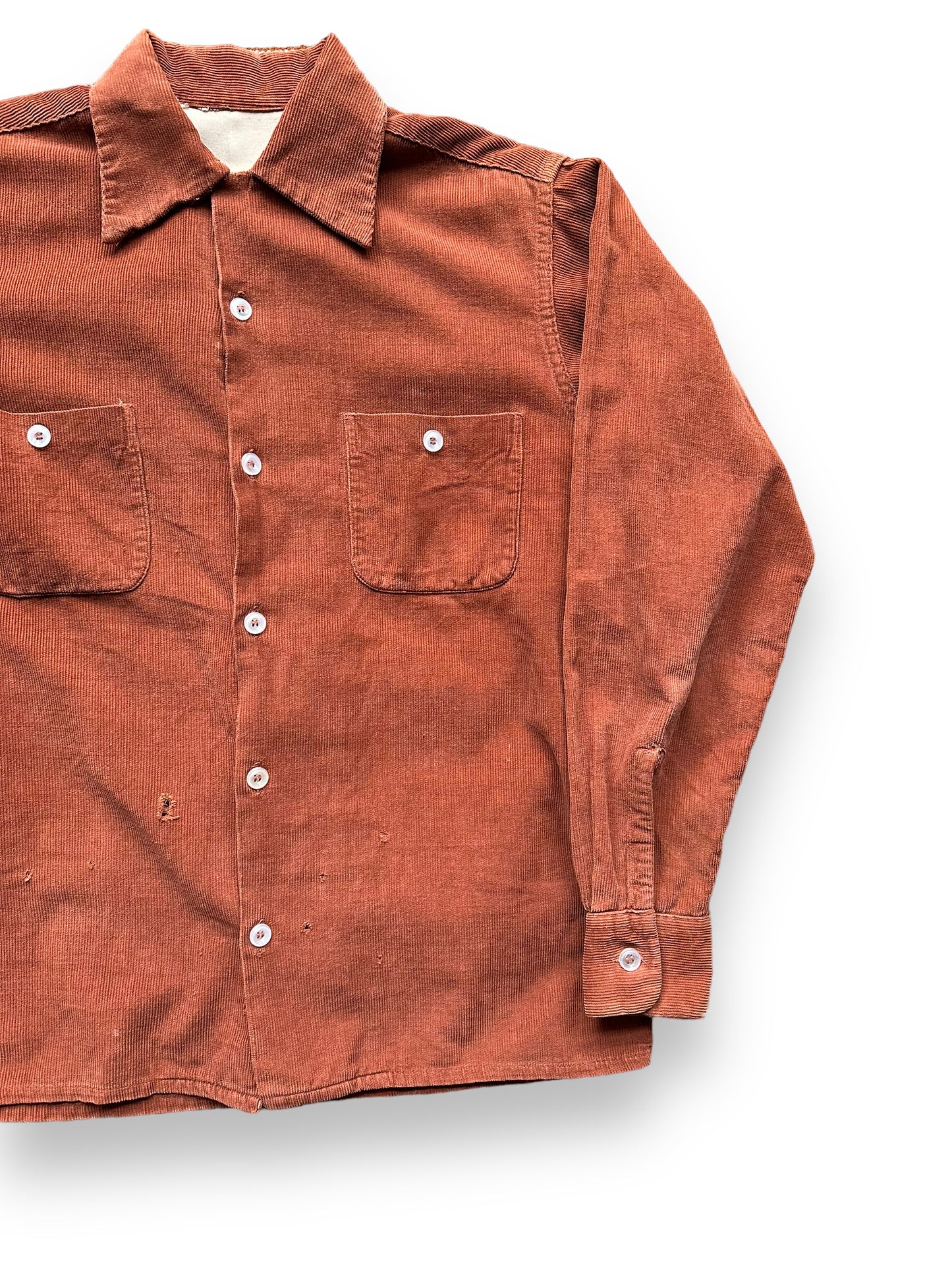 Front Left View of Vintage Rust Colored Corduroy Loop Collar Shirt  SZ M | Vintage Loop Collar Shirt Seattle | Barn Owl Vintage Seattle