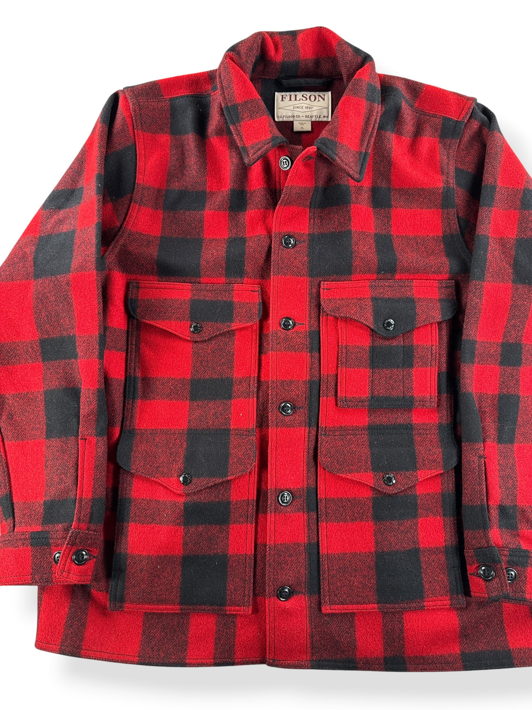 Front Close Up of Filson Red Black Mackinaw Wool Cruiser SZ XL
