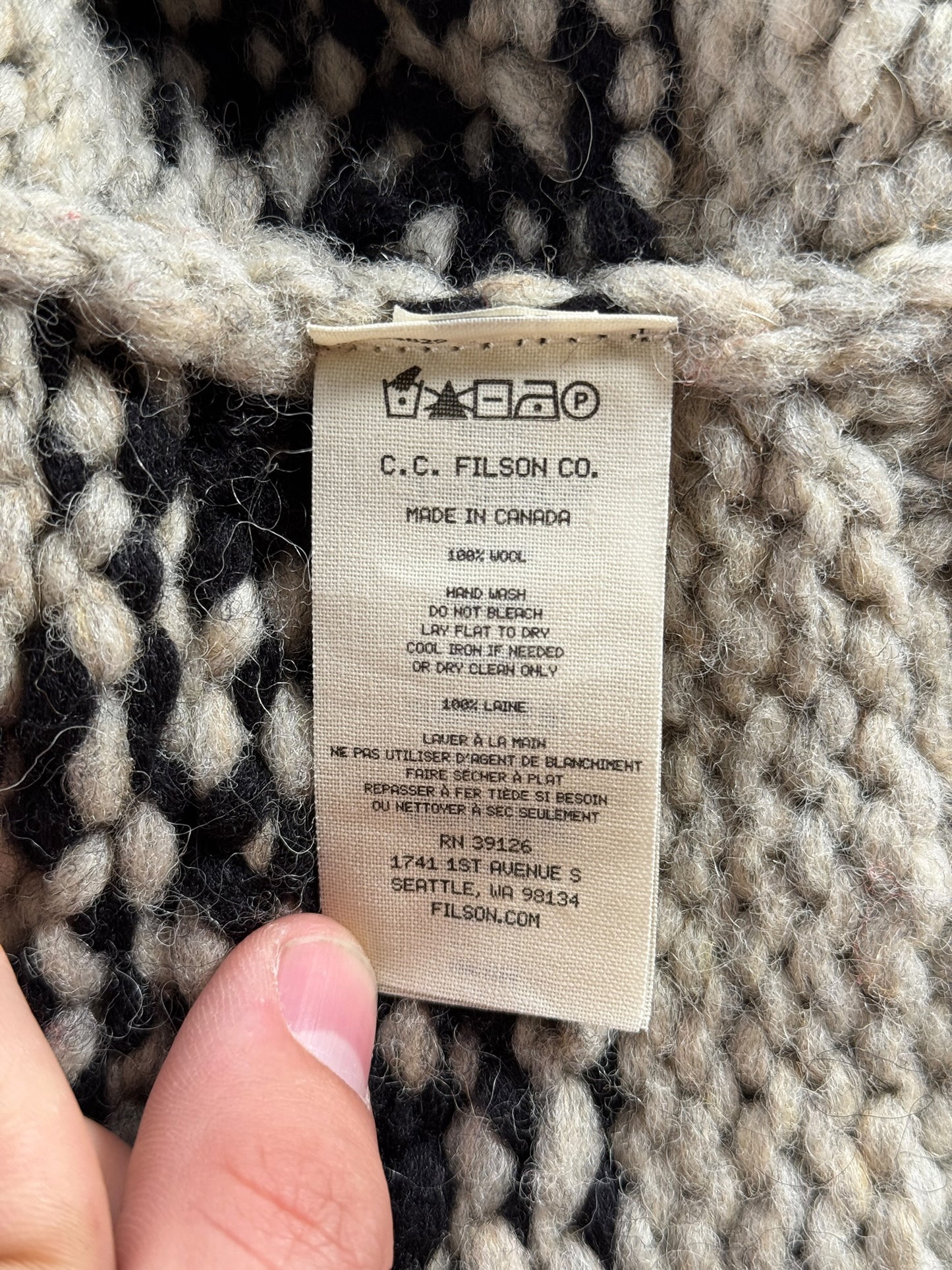 Materials Tag on Filson Limited Edition Thunderbird Cowichan Style Sweater SZ M
