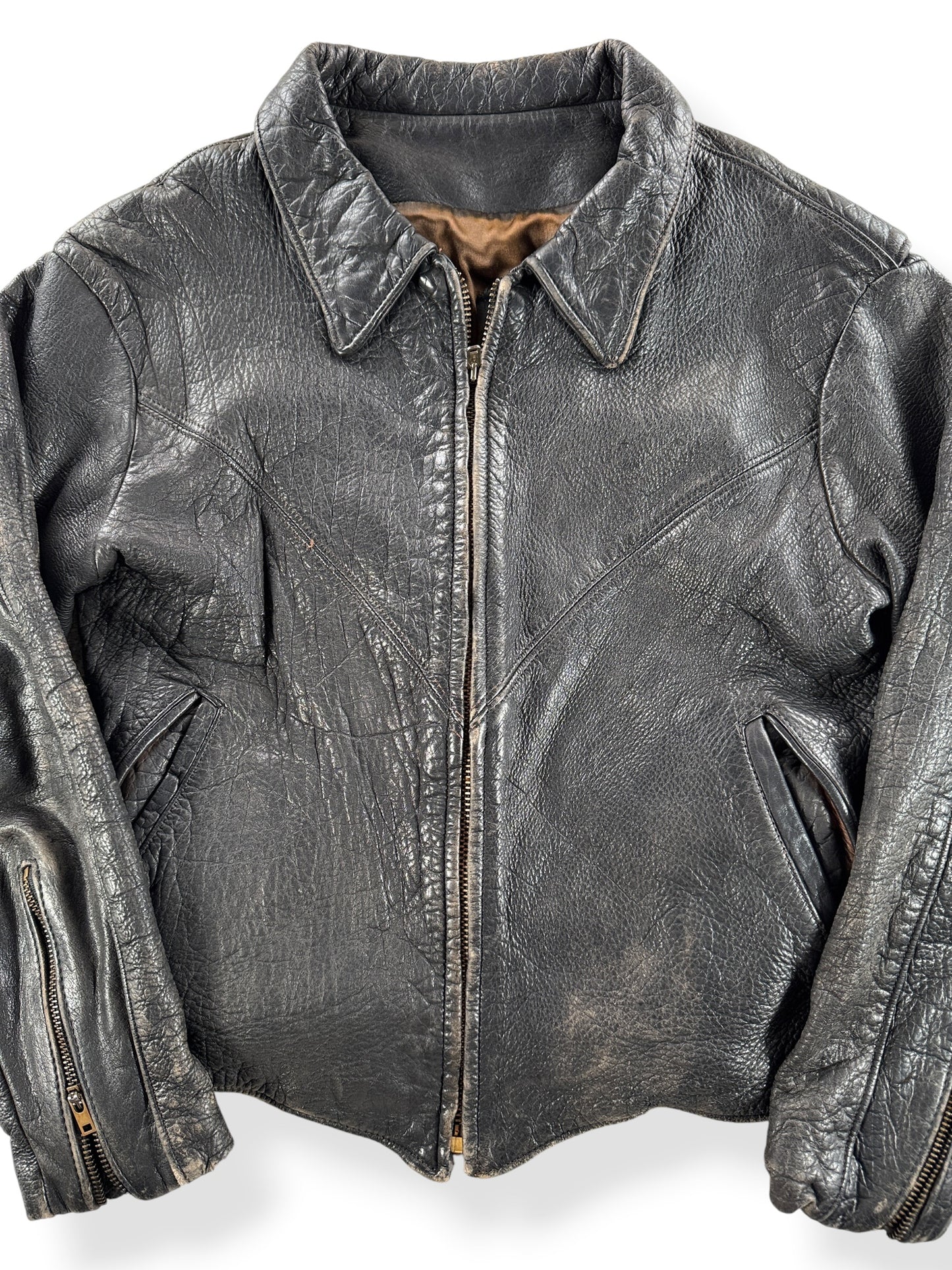 Front Close Up of Vintage 50s 60s Era Leather Jacket SZ XS