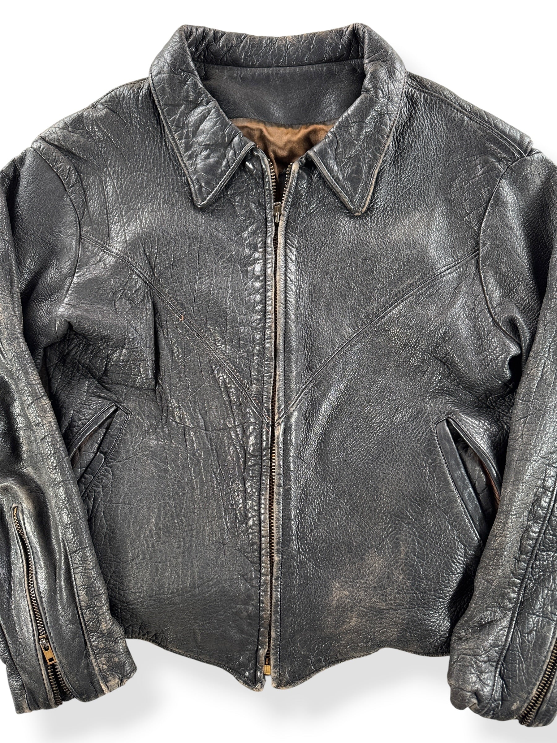 Front Close Up of Vintage 50s 60s Era Leather Jacket SZ XS