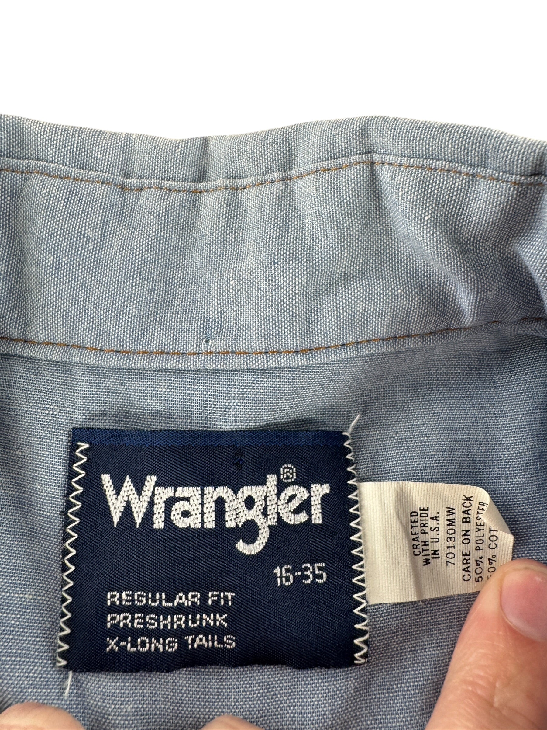 Label on Vintage Wrangler Poly Cotton Pearlsnap SZ 16-35 (Fits M)