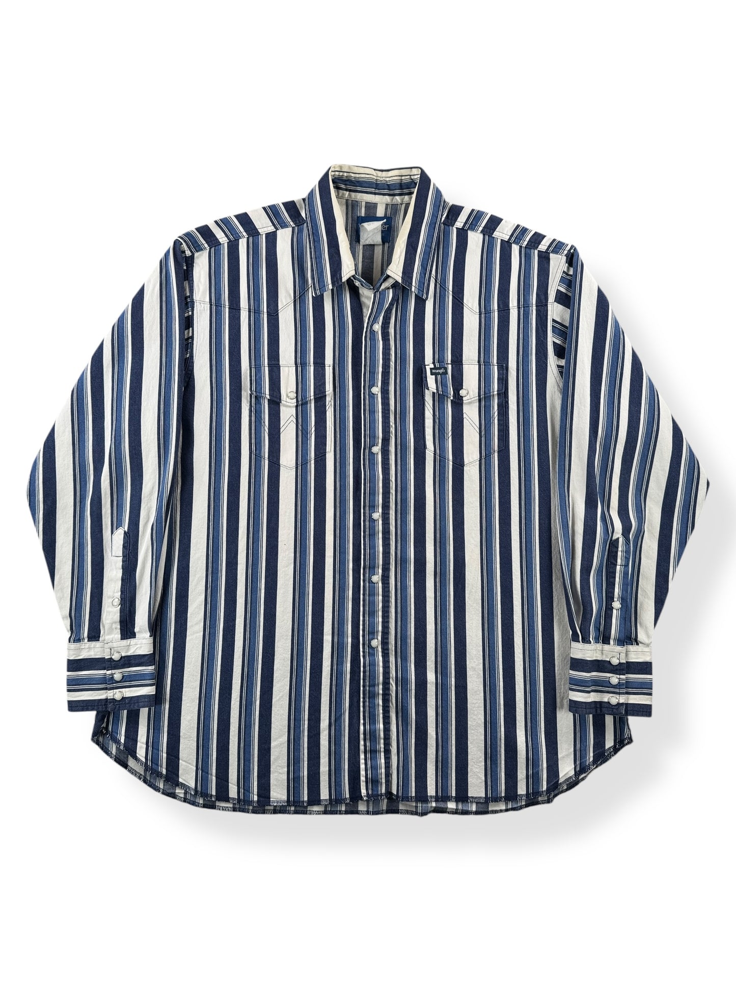 Front of Vintage Wrangler Brushpopper Striped Pearlsnap SZ XXL