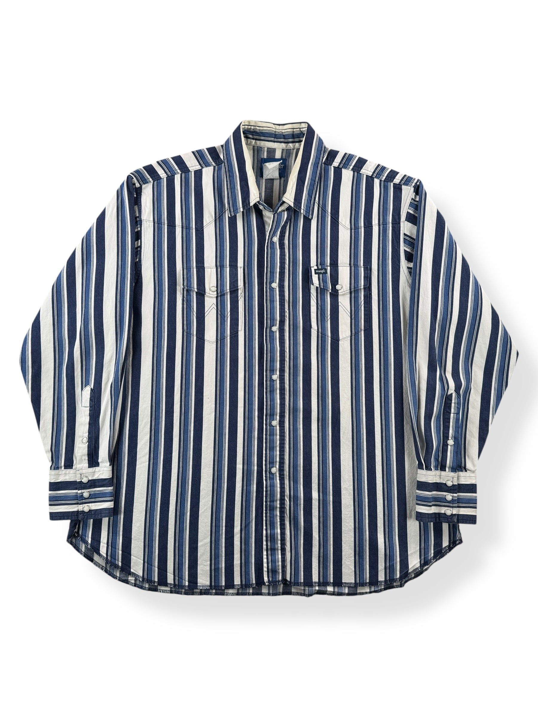 Front of Vintage Wrangler Brushpopper Striped Pearlsnap SZ XXL