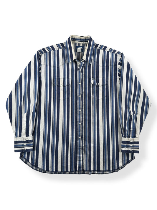 Front of Vintage Wrangler Brushpopper Striped Pearlsnap SZ XXL