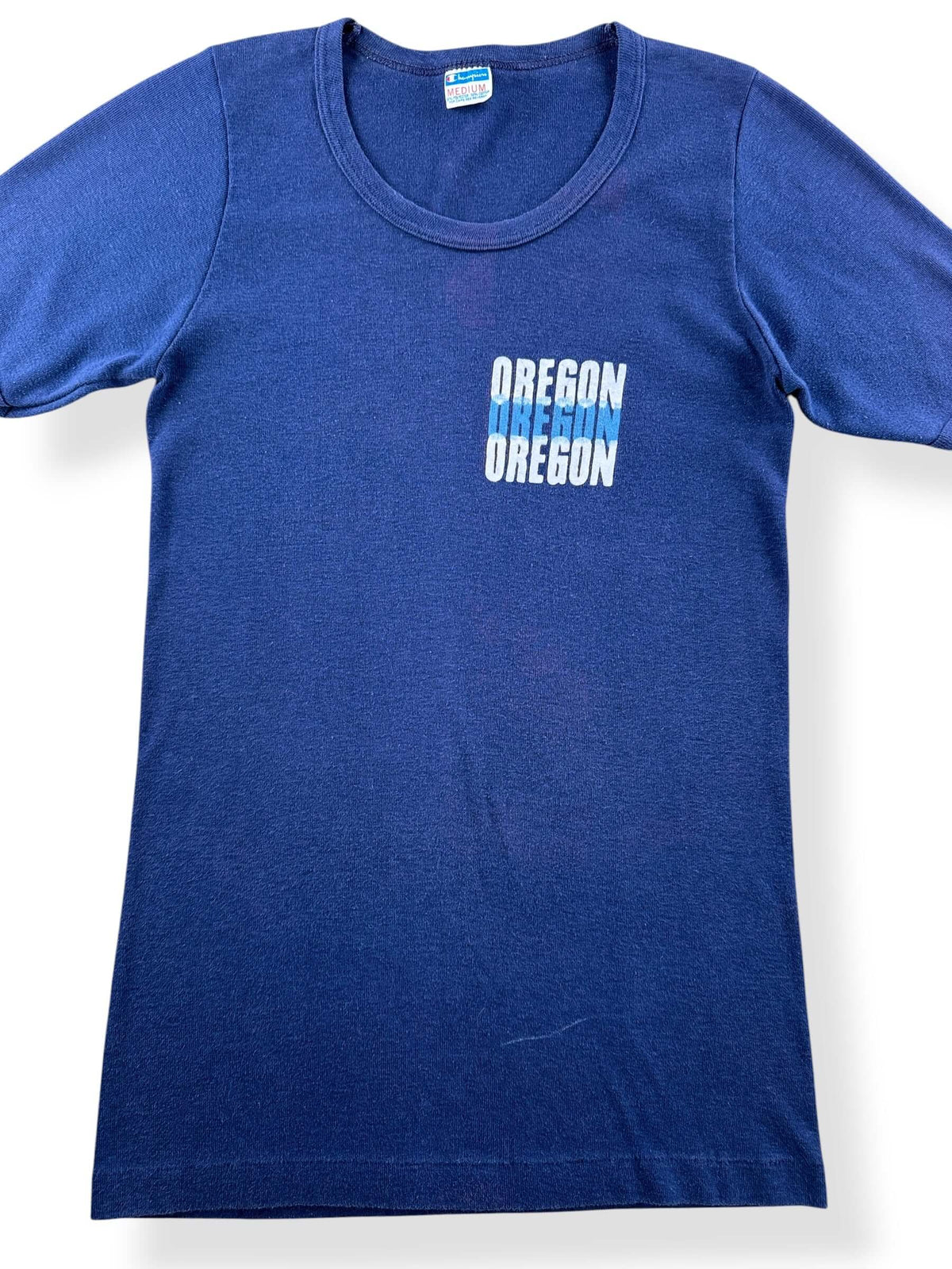 Close-up of Vintage Champion Blue Bar Oregon Tee SZ M (Fits XXS)