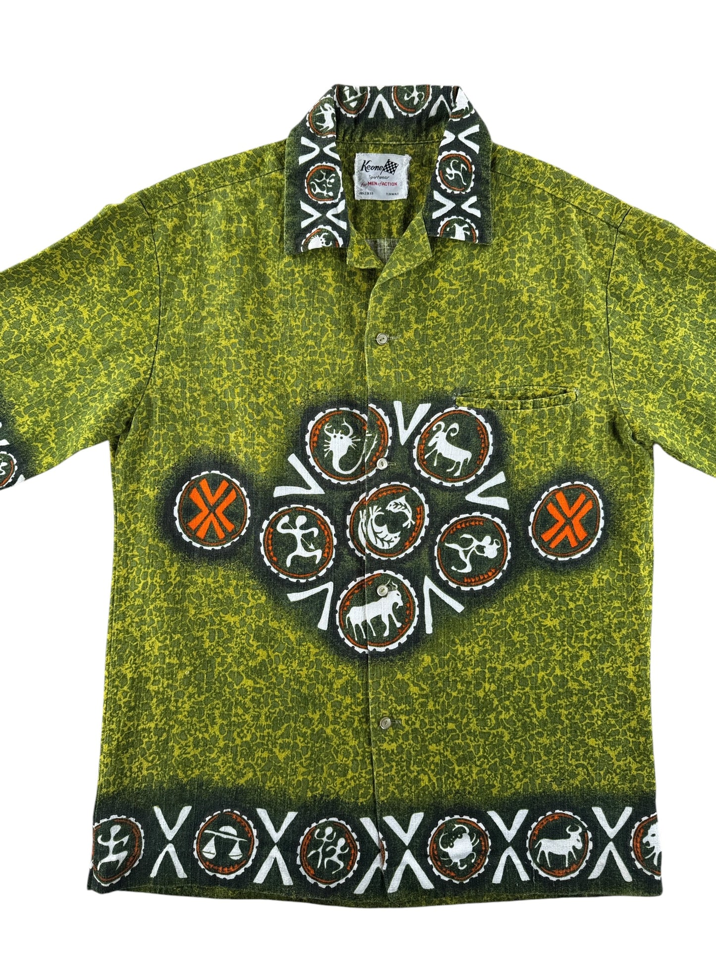 Front Close Up of Vintage Keone Sportswear Astrological Barkcloth Aloha Shirt SZ M