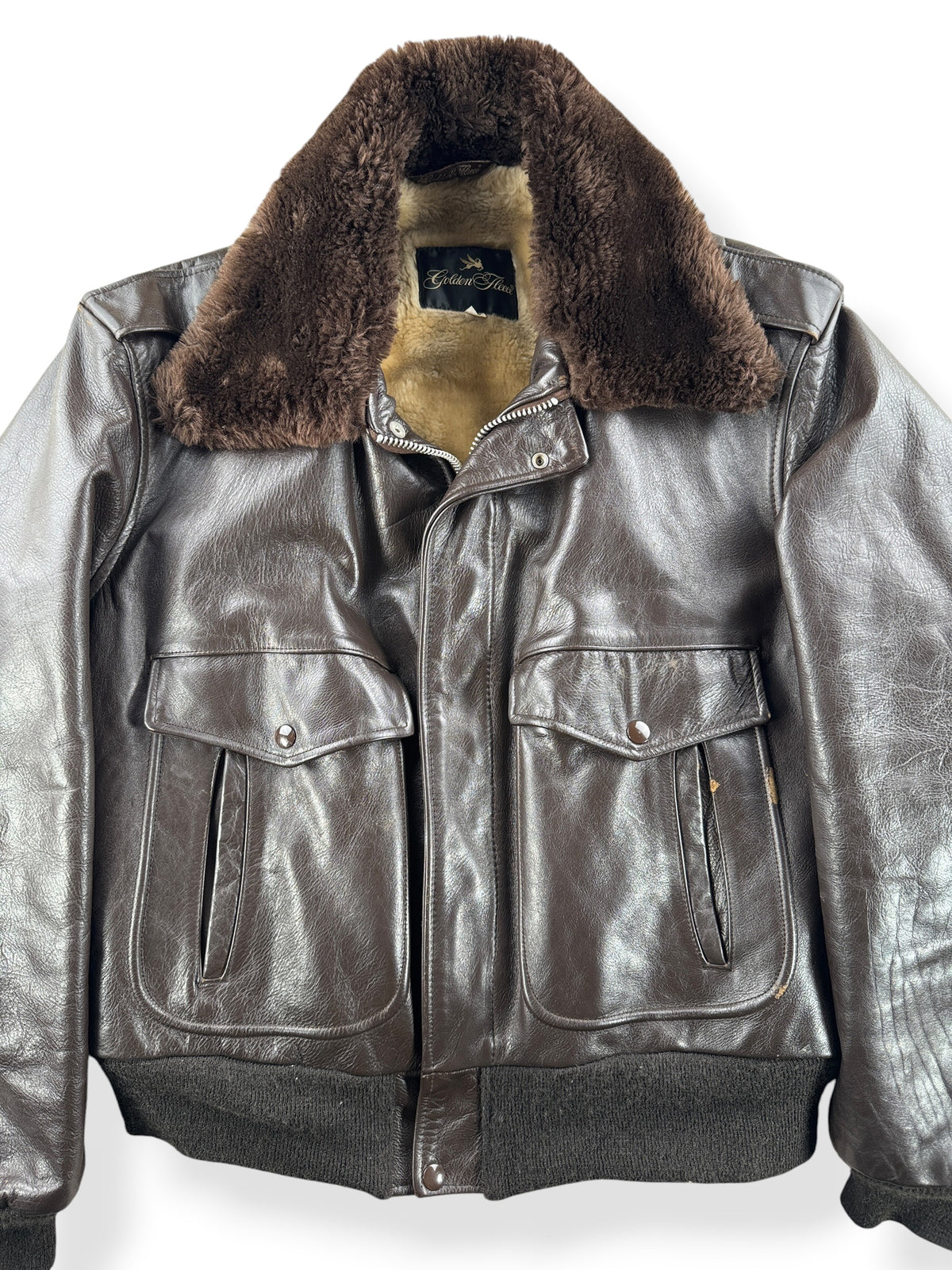 Close-up of Vintage Golden Fleece G1 Style Leather Bomber Jacket SZ 46