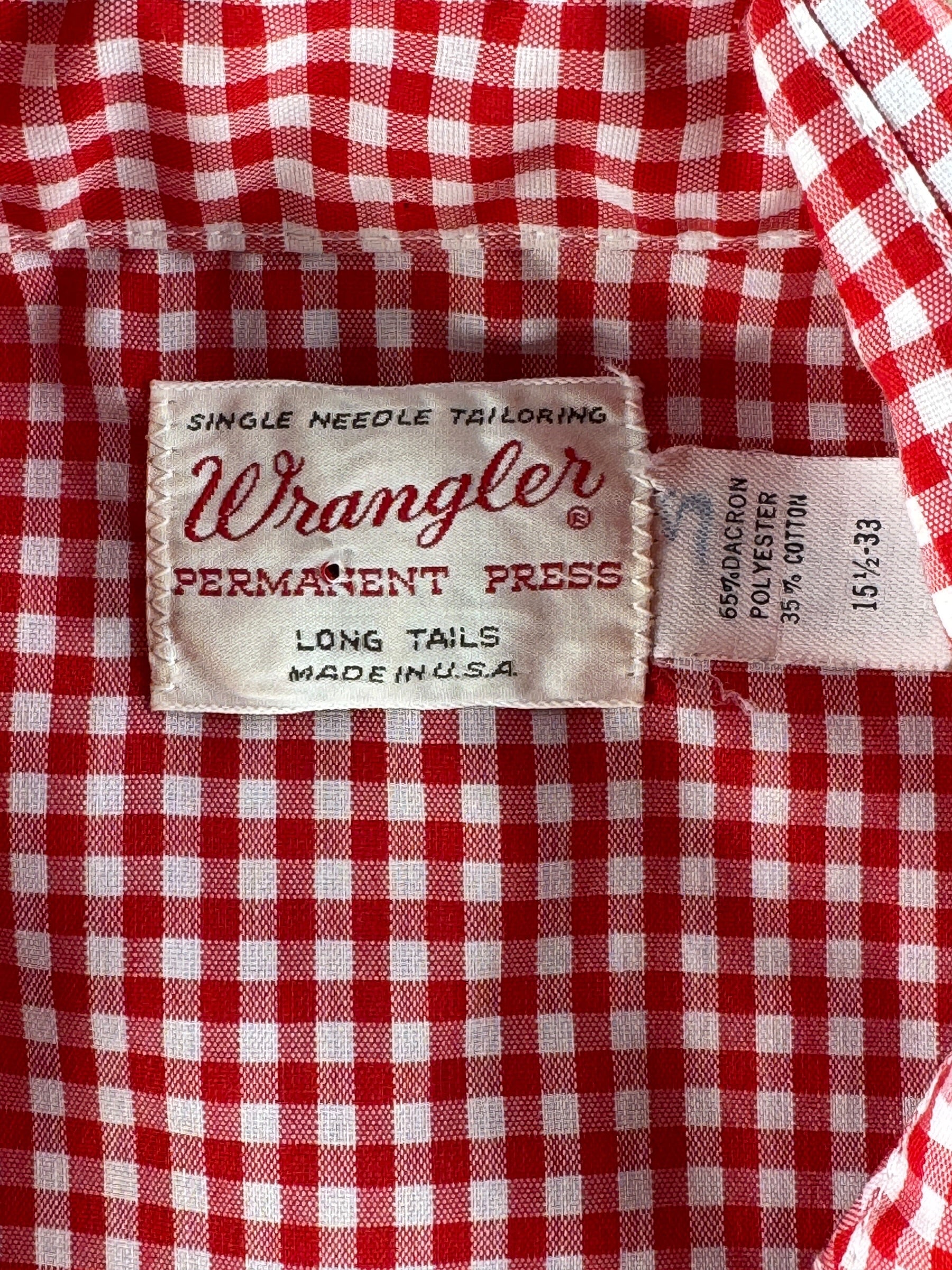 Tag on Vintage Wrangler Red Gingham Pearlsnap SZ 15 1/2