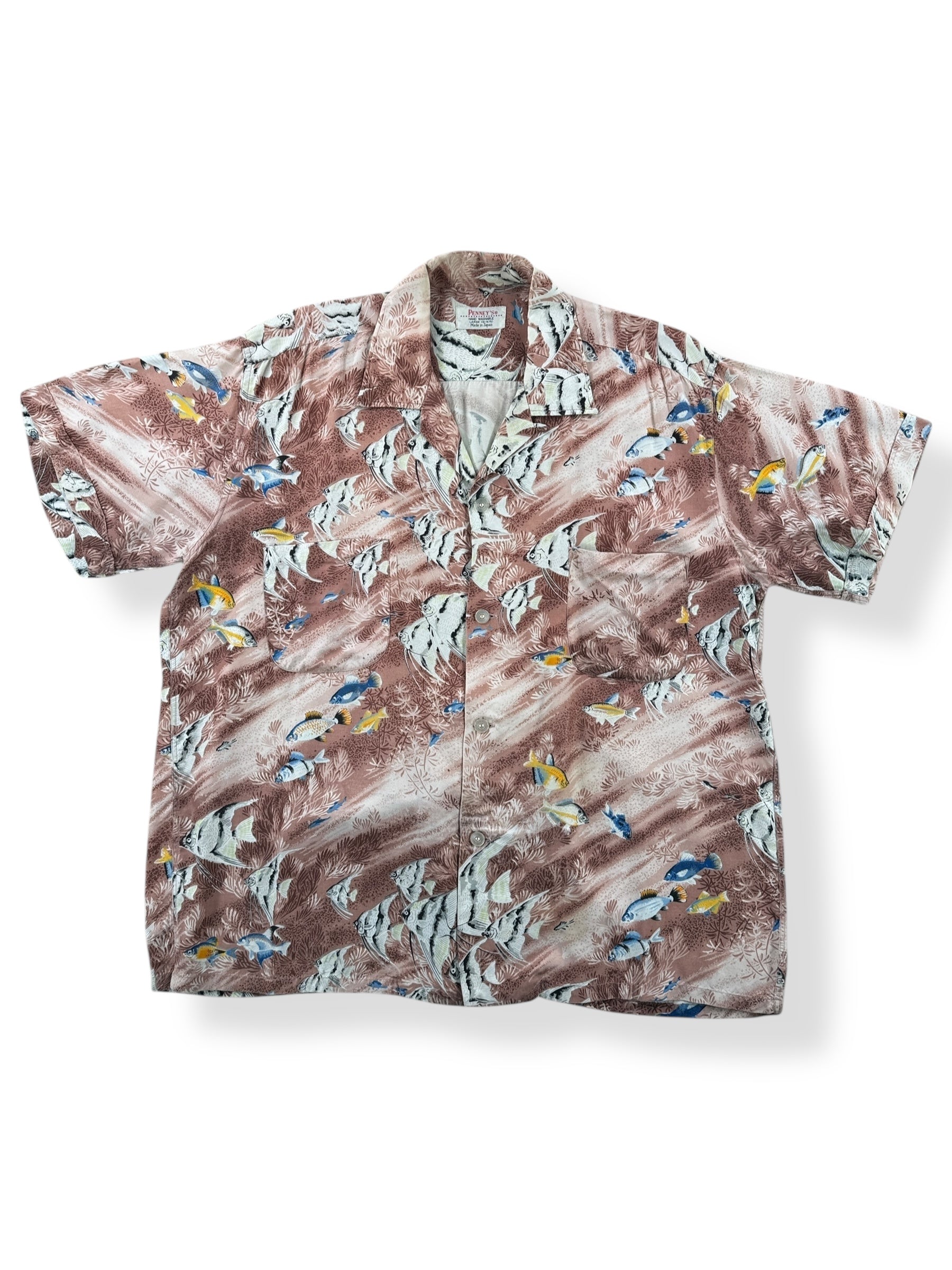 Front of Vintage Penney's Rayon Fish Aloha Shirt SZ L