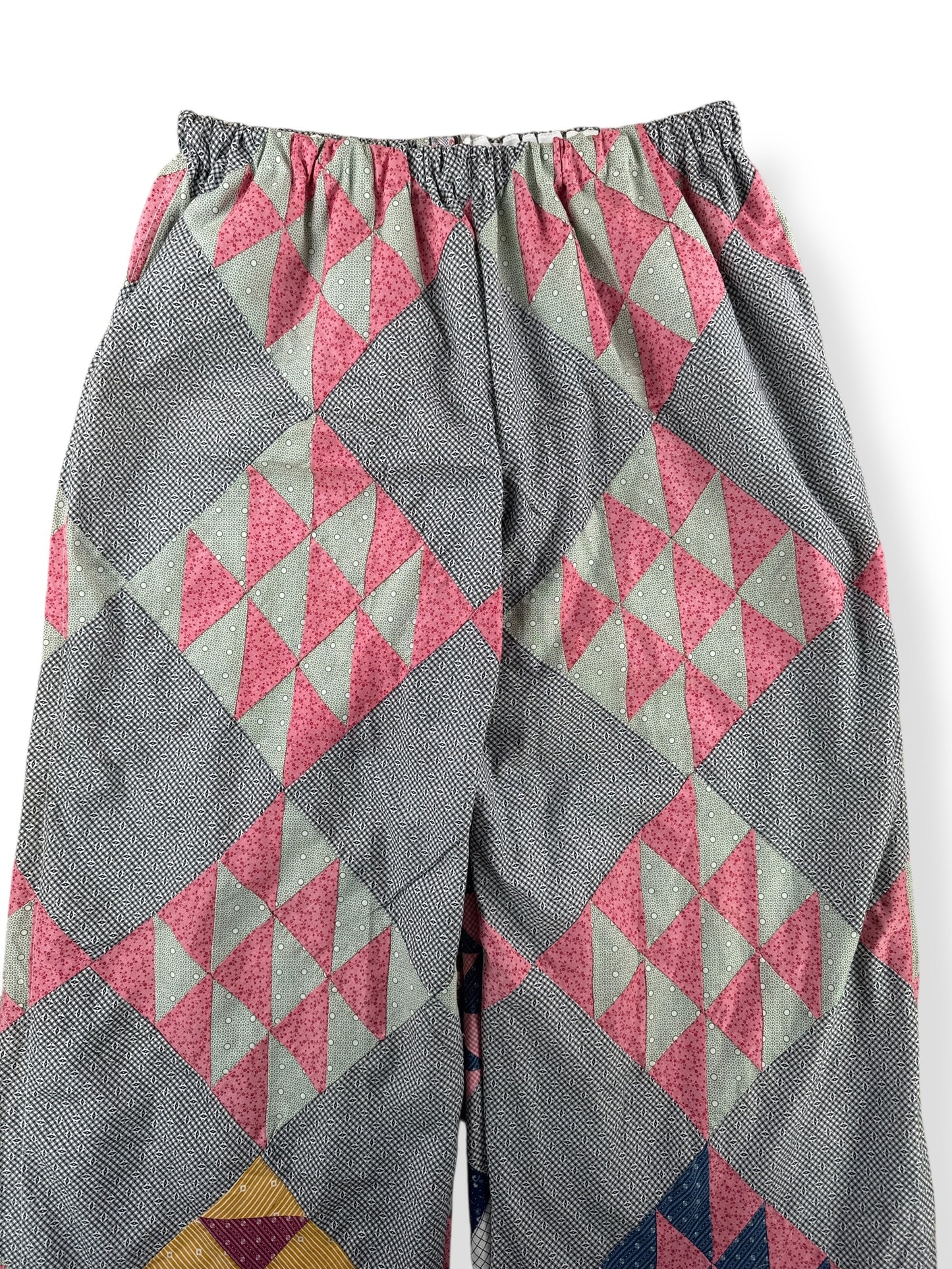 Front Close Up of Archive Craft X Barn Owl Vintage Quilt Pants SZ L