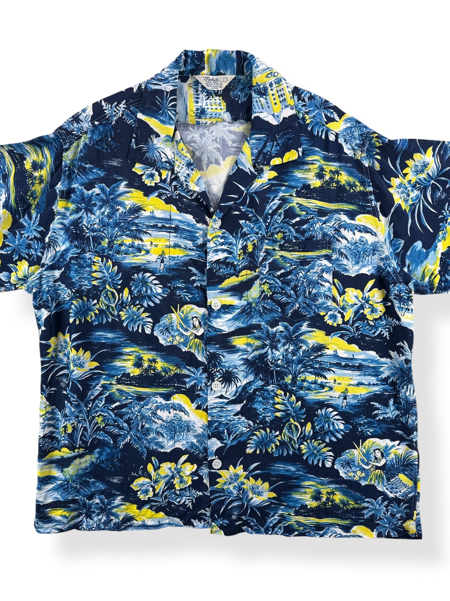 Front Close Up of Vintage Tahiti Brand Aloha Shirt SZ L AS IS