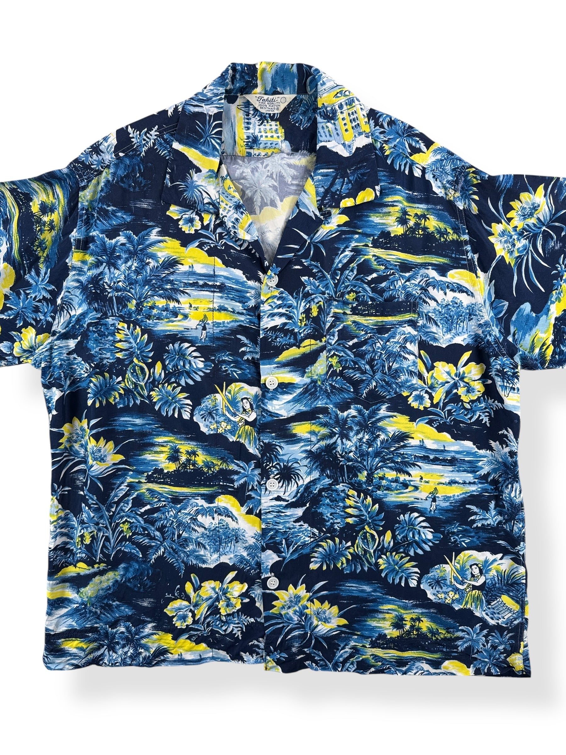 Front Close Up of Vintage Tahiti Brand Aloha Shirt SZ L AS IS