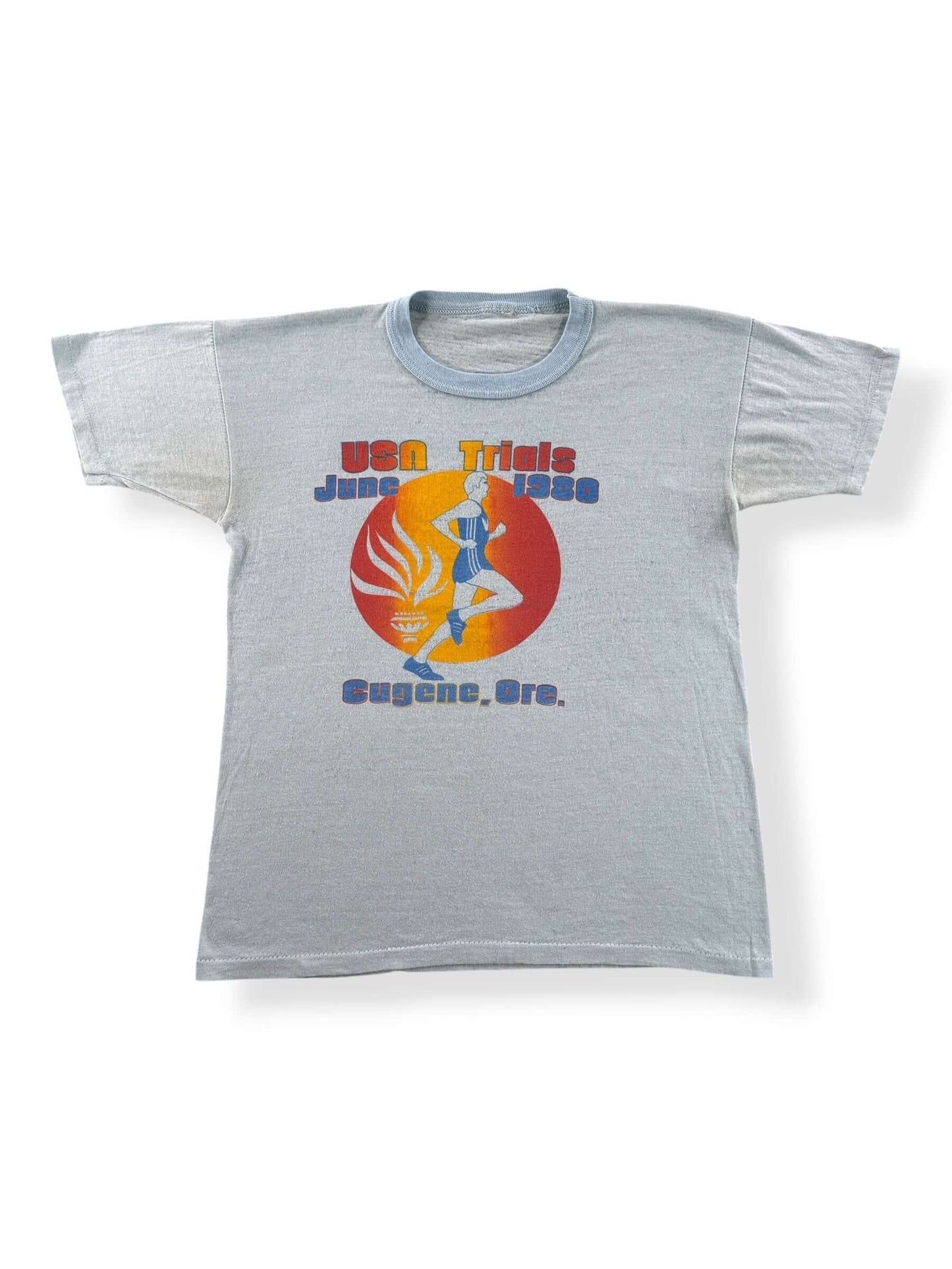 Front of Vintage 1980 Adidas Prefontaine Rainbow Trefoil Tee SZ S
