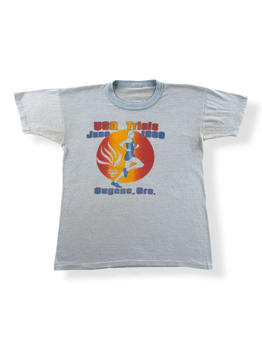 Front of Vintage 1980 Adidas Prefontaine Rainbow Trefoil Tee SZ S