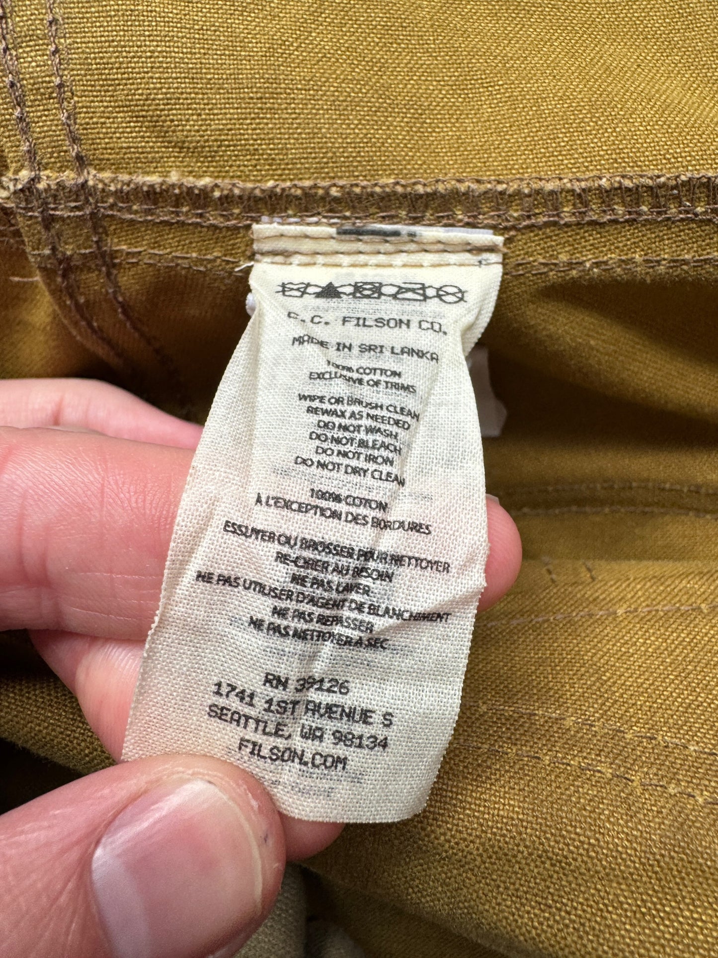 Label on Filson Oil Finish Double Tin Cloth Bibs W36 (Fits W42)