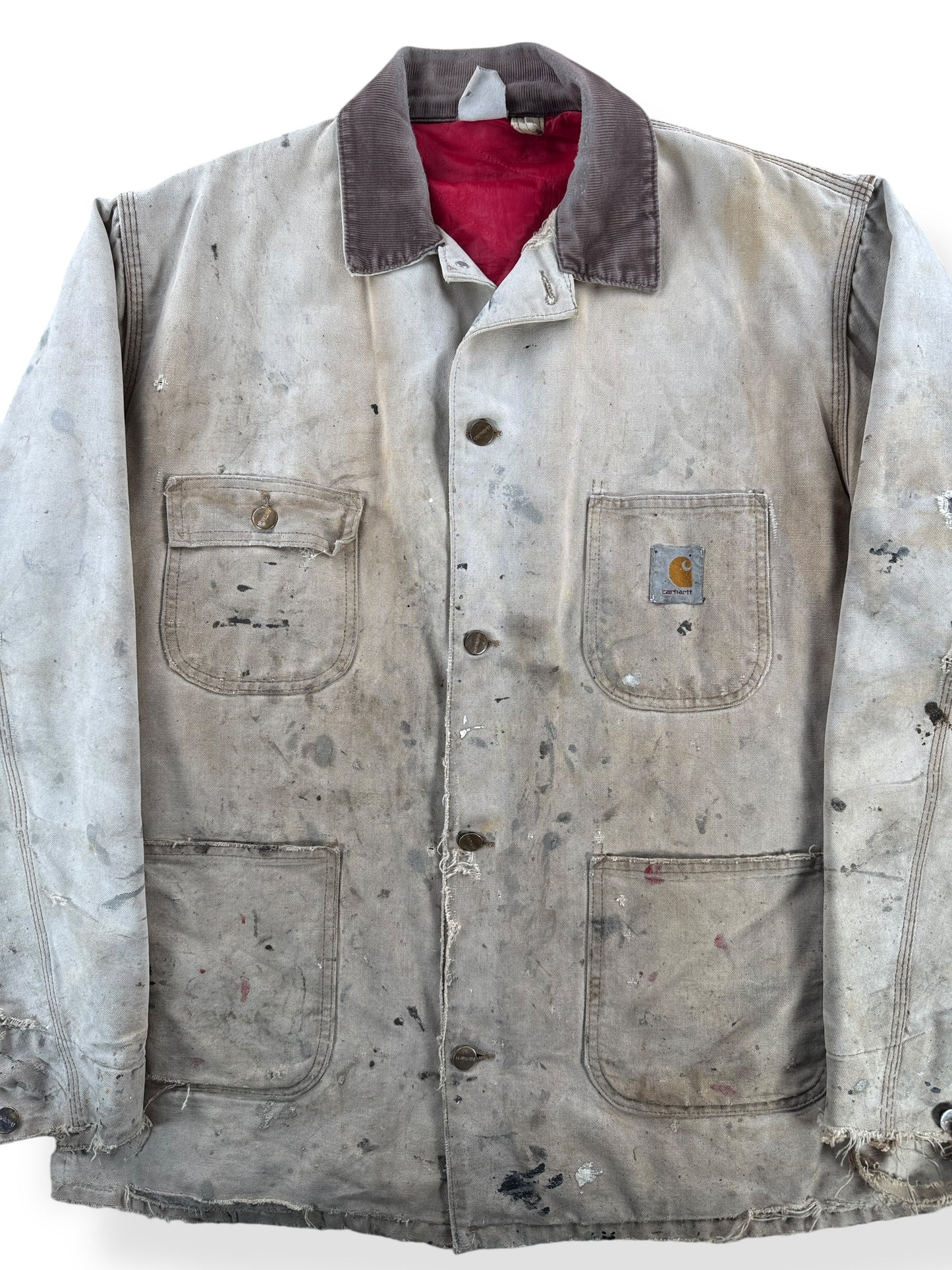 Front Close Up of Vintage Carhartt Thrashed Quilted Chore Coat SZ XXL