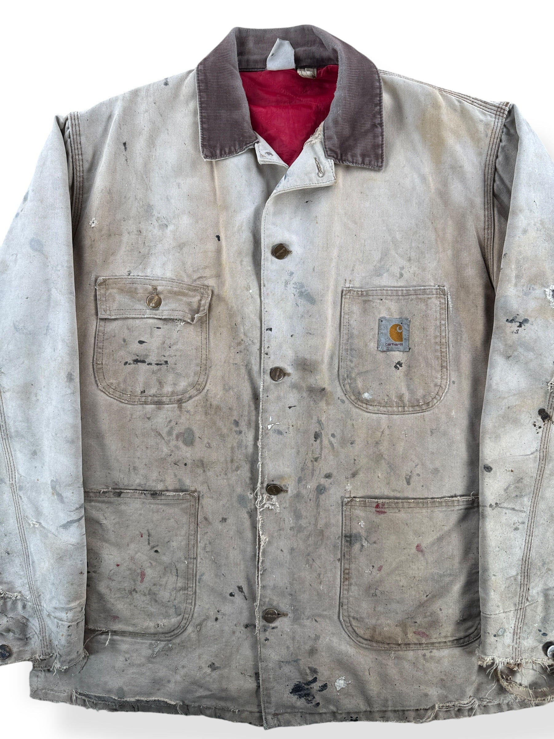 Front Close Up of Vintage Carhartt Thrashed Quilted Chore Coat SZ XXL