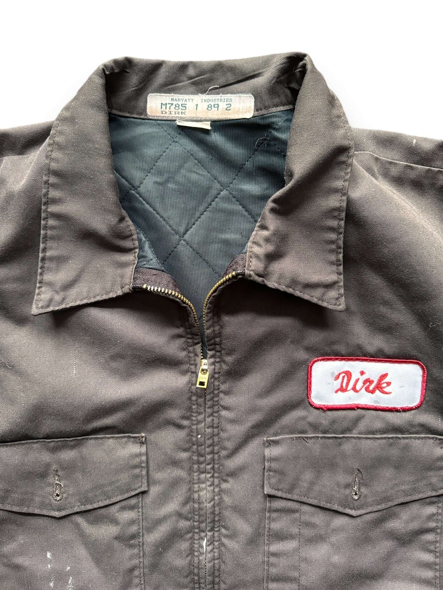 Collar View of Vintage Brown "Dirk" Quilted Lined Gas Station Jacket SZ L