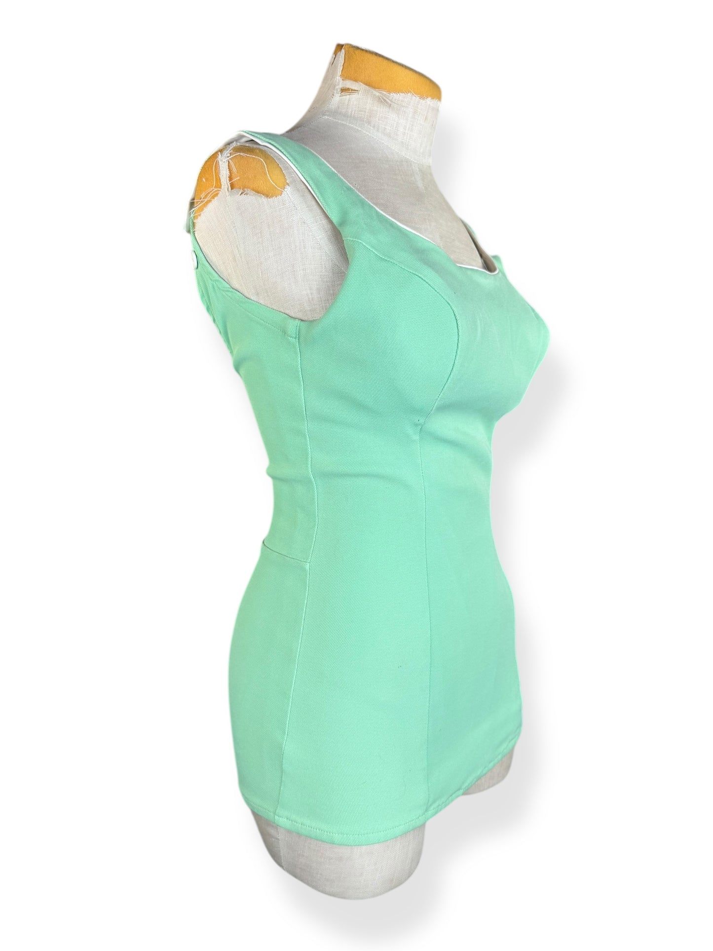 Side view of 1960s Minty Green One Piece Bathing Suit XS-S